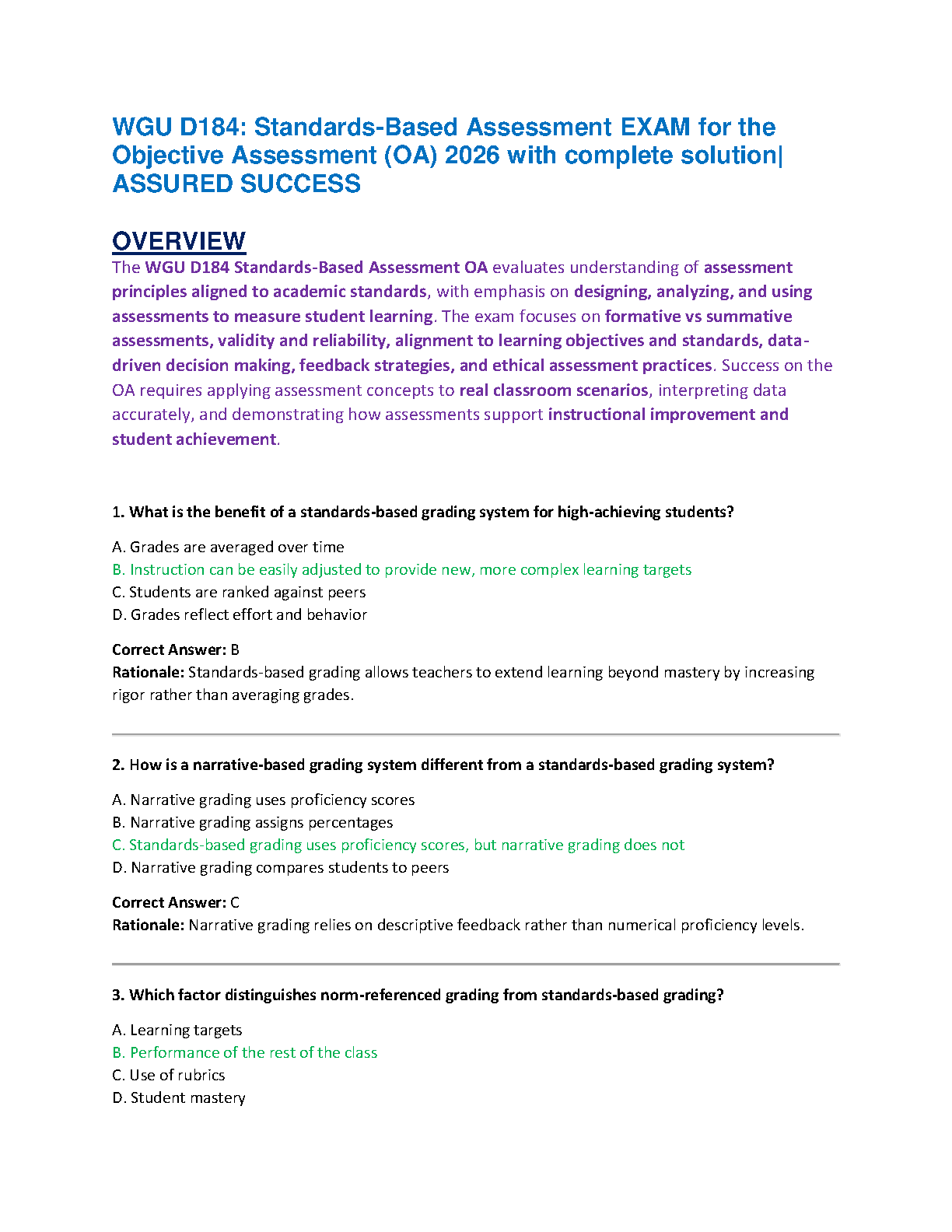 WGU D184 Test Bank 2026 | Standards-Based Assessment Study Guide