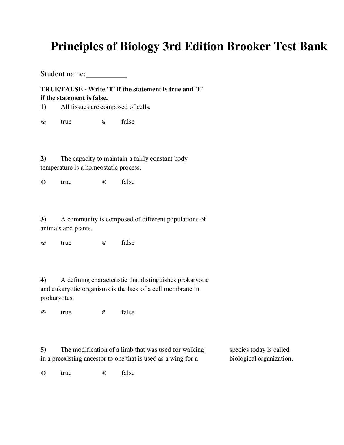 Principles of Biology, 3rd Edition TEST BANK
