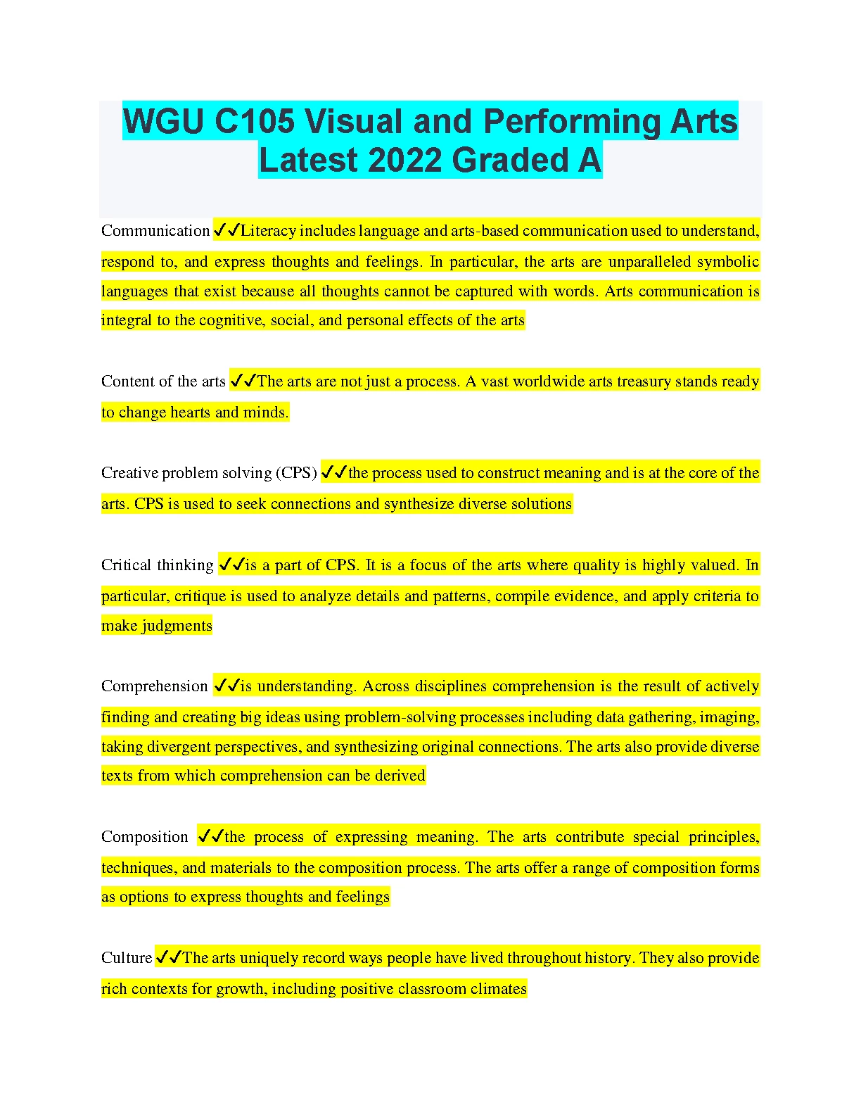 WGU C105 Visual and Performing Arts 2023 Exam Prep
