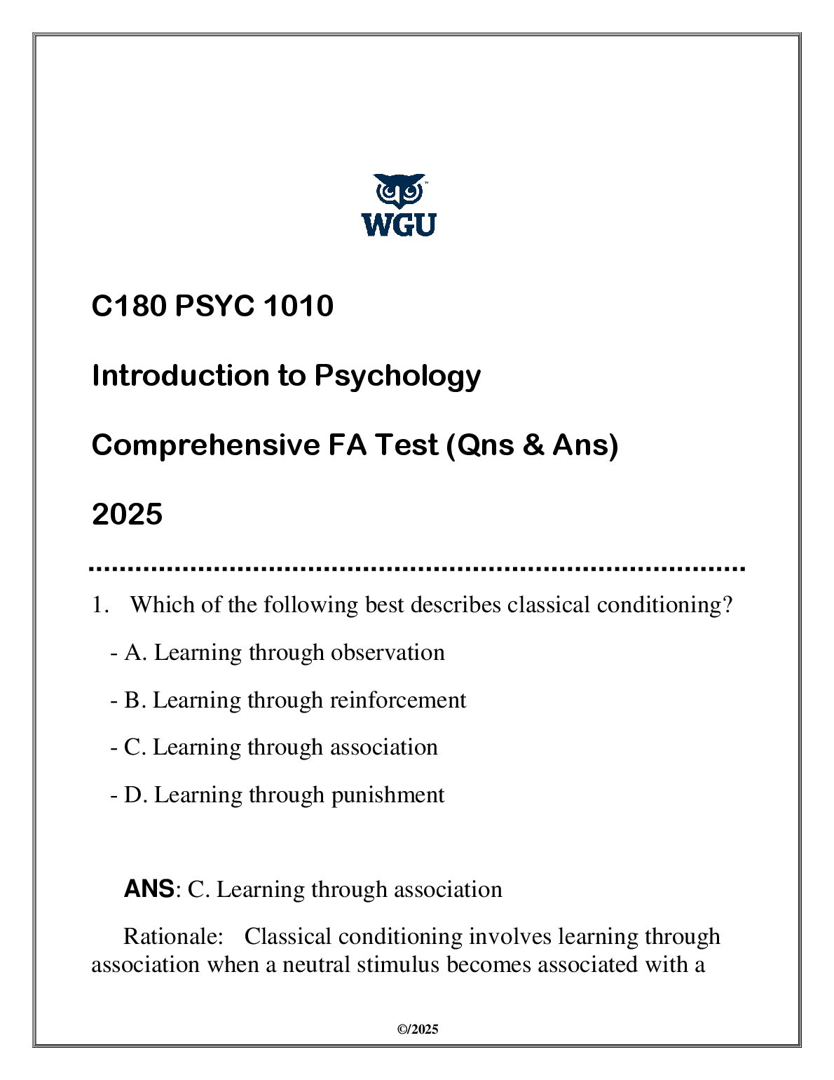 WGU C180 Psych 1010 Test Bank 2025 Answers & Rationales