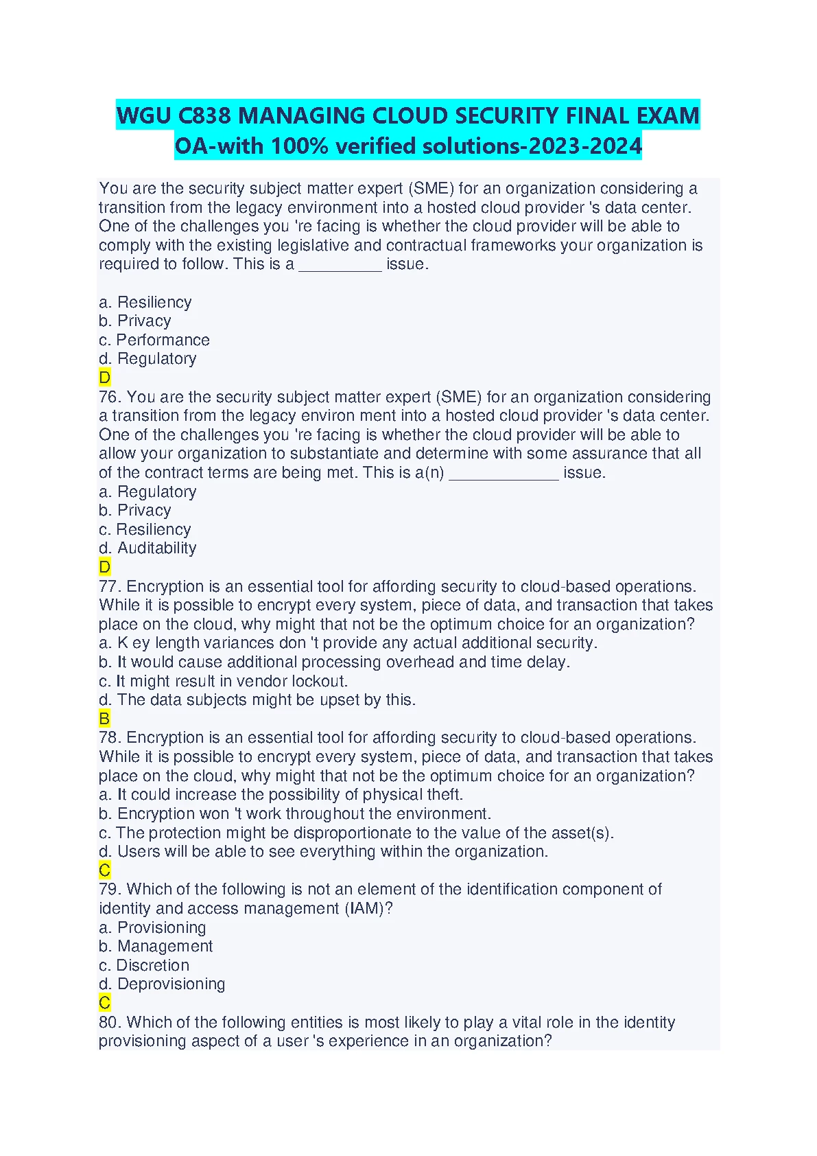 WGU C838 Managing Cloud Security Final Exam Practice Set