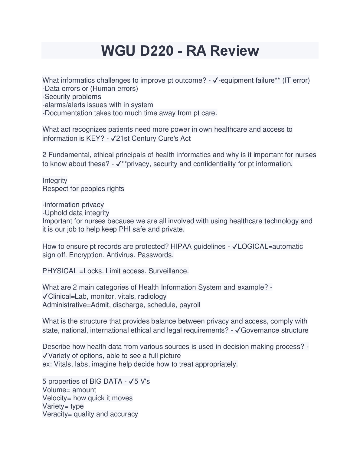 WGU D220 RA Review Qs & As 2023: Nursing Informatics Notes