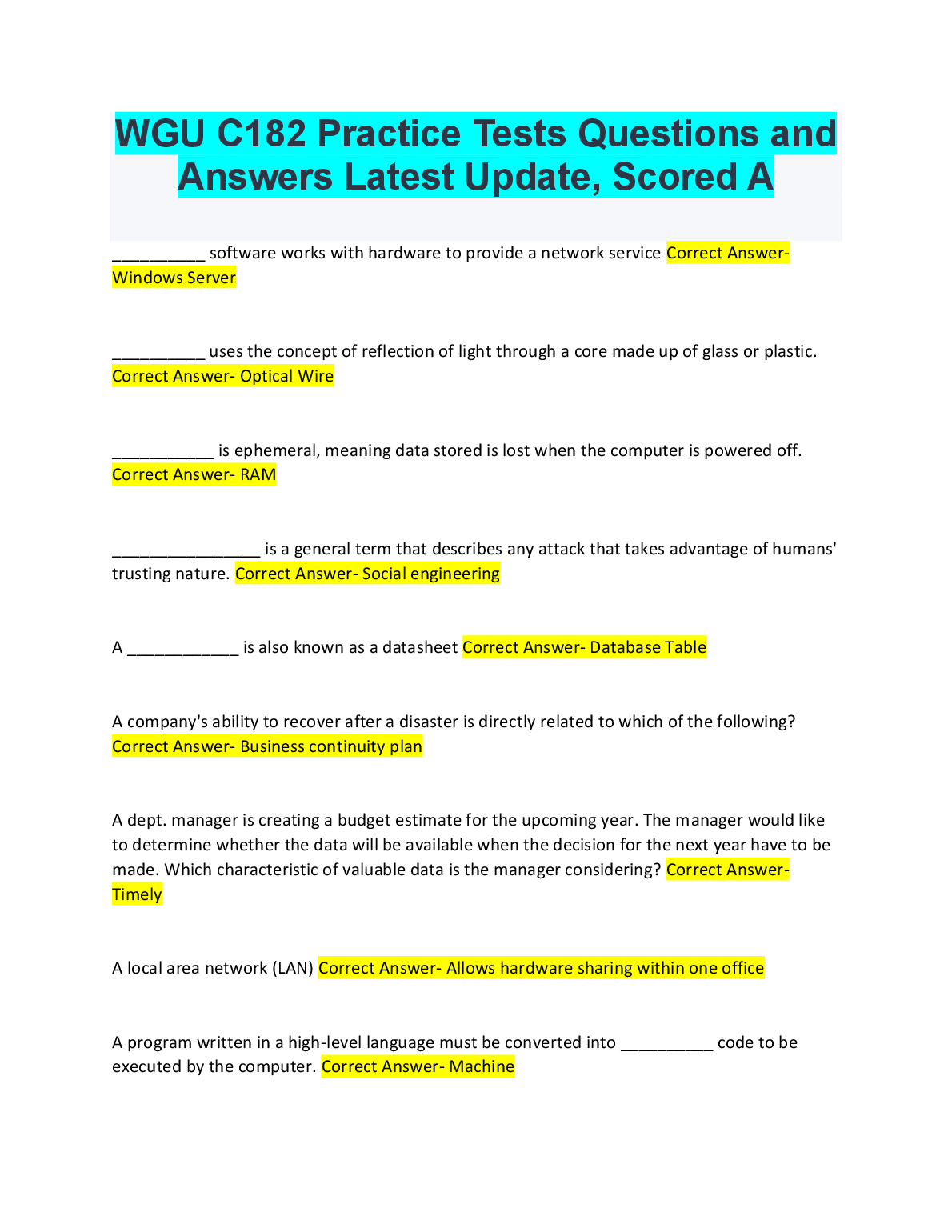WGU C182 Practice Tests Questions And Answers Updated For Success