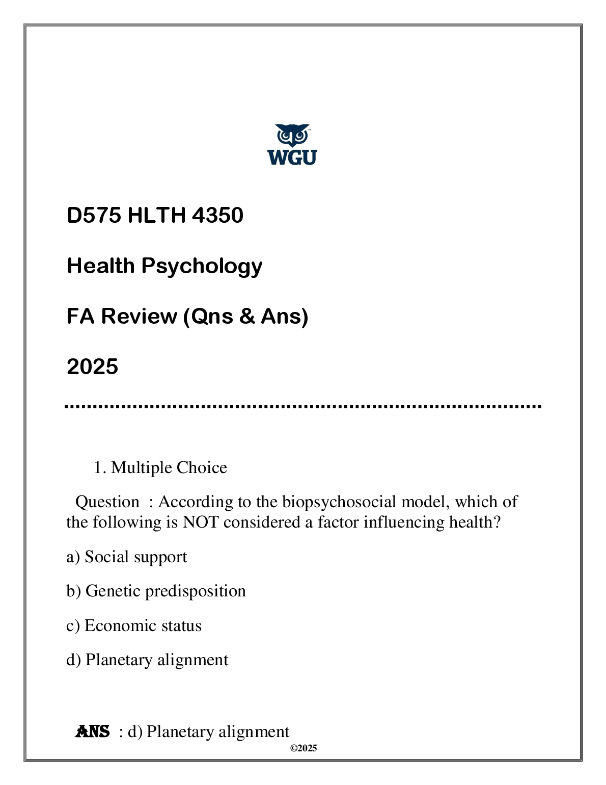WGU HLTH 4350 Health Psych Test Bank 2025 FA Guide
