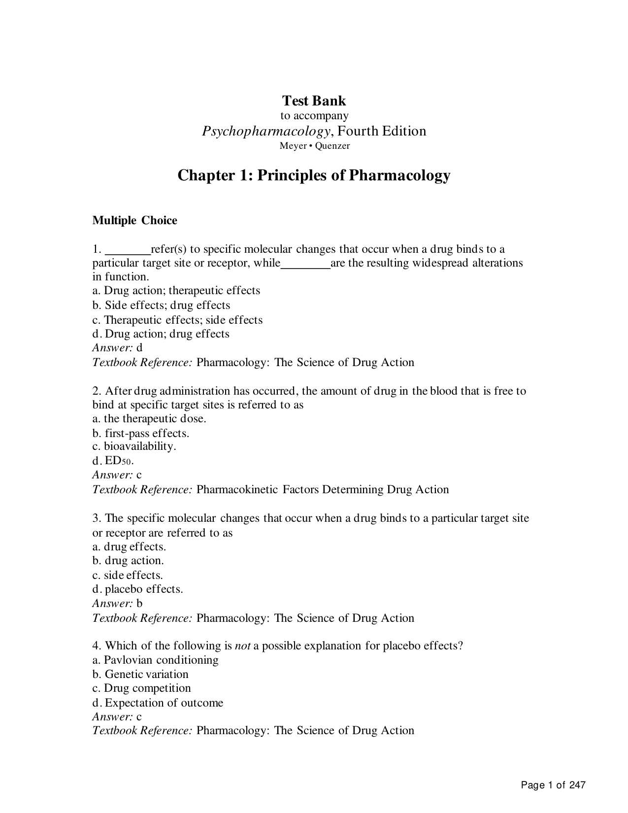 Psychopharmacology, 4th Edition TEST BANK
