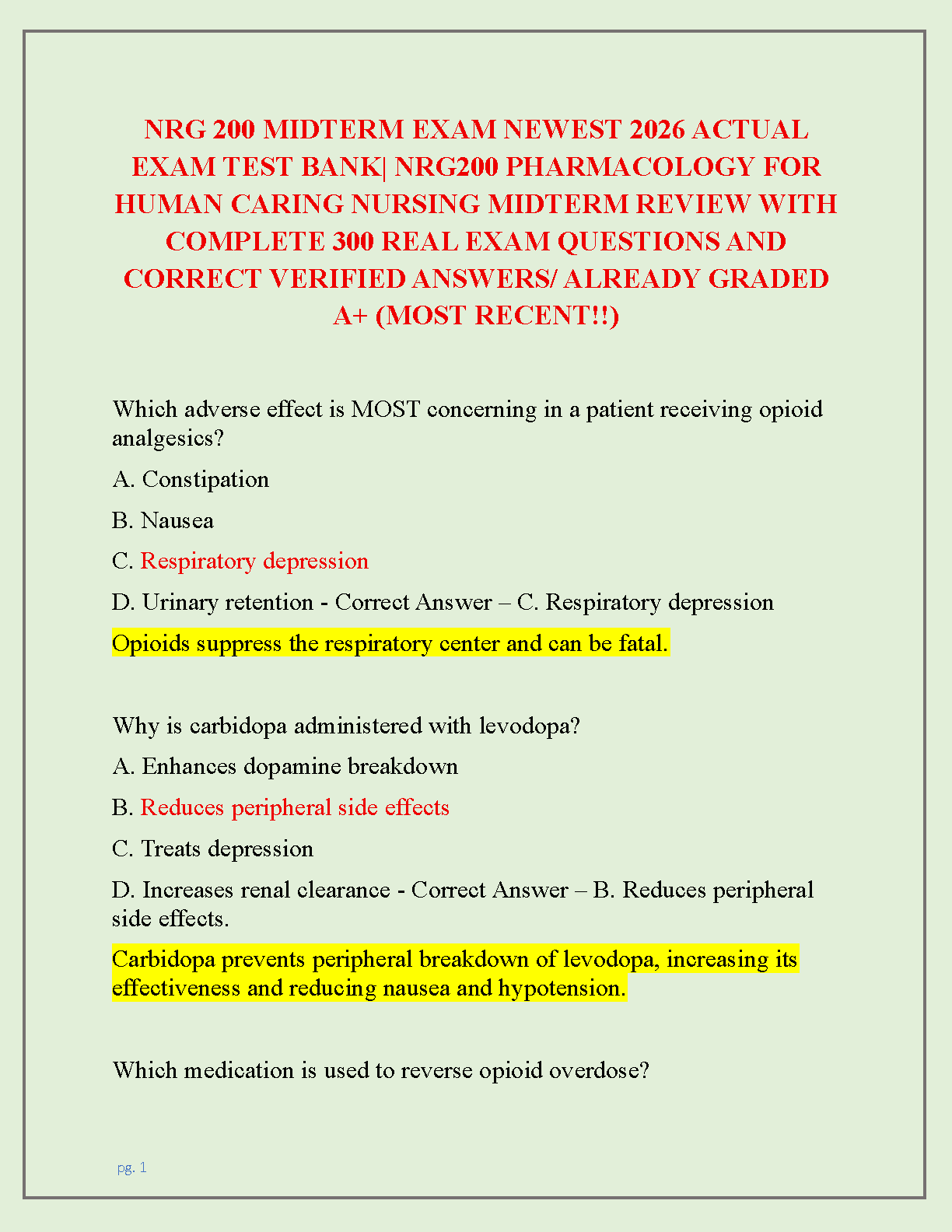 NRG200 Pharmacology Nursing Midterm Test Bank 2026 Questions IMG-1