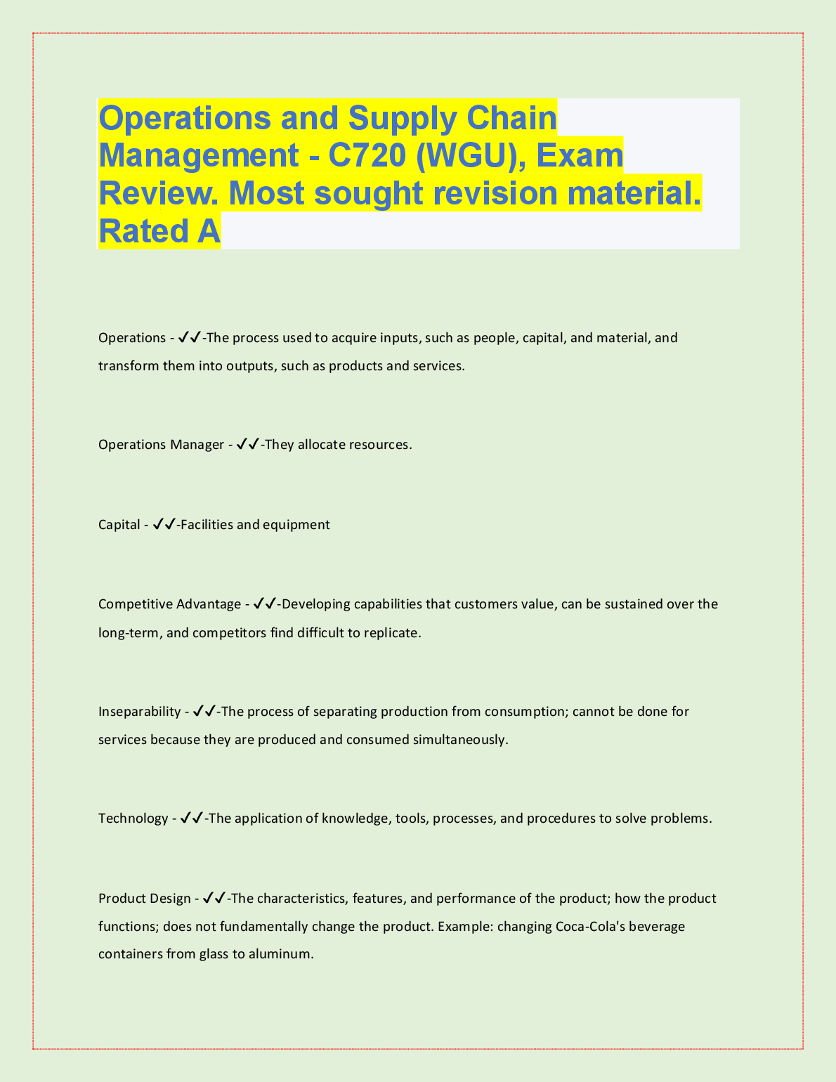 WGU C720 Operations and Supply Chain Mgmt Exam Review Guide