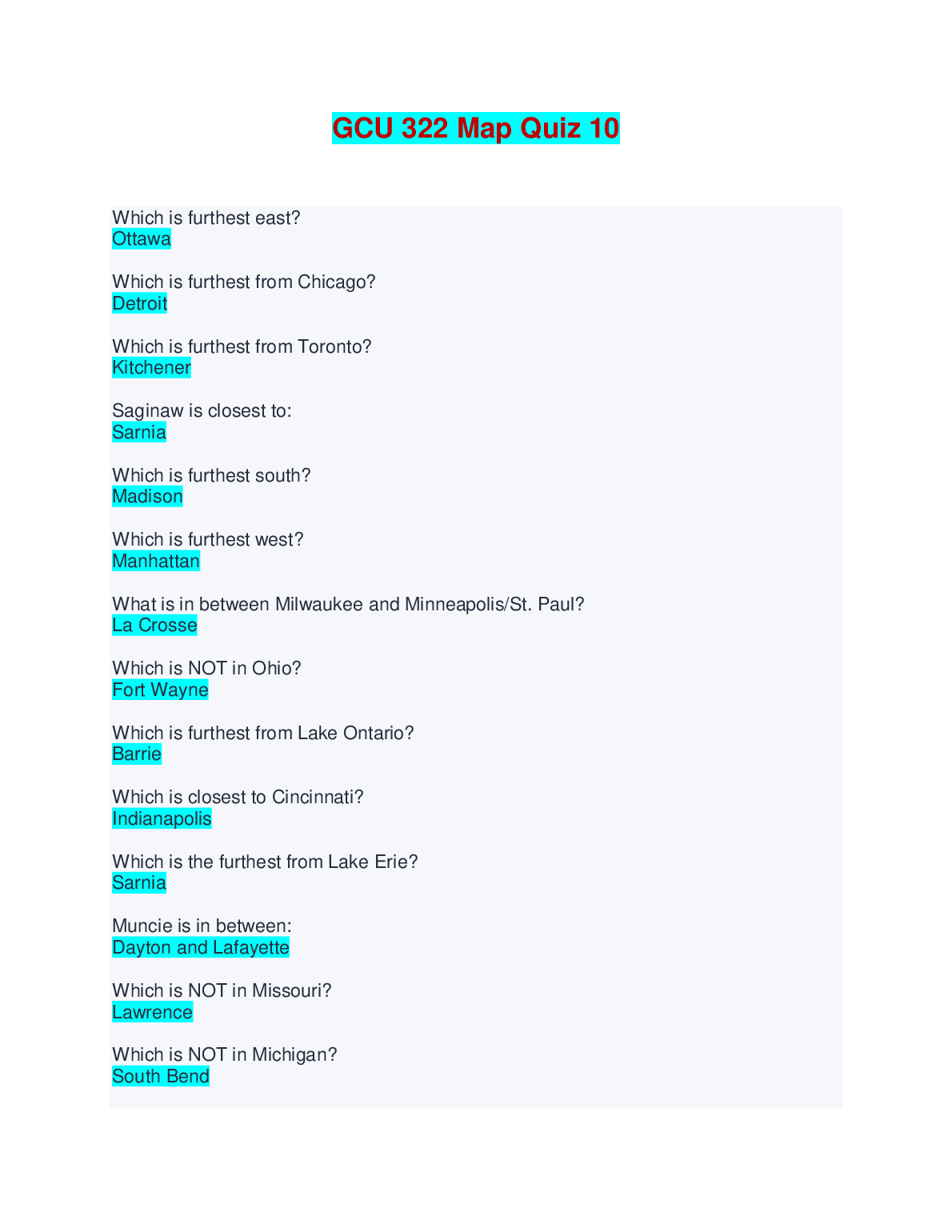 GCU 322 Map Quiz 10: Geography Practice Test 2026/27