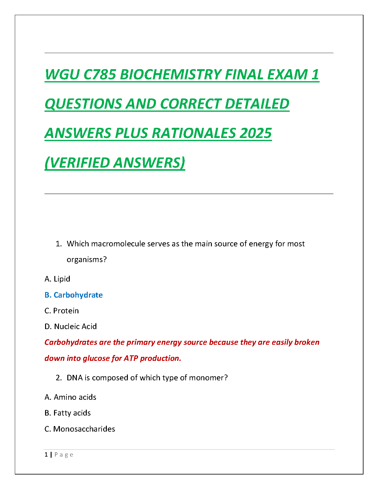 WGU C785 Biochemistry Final Exam Test Bank 2025