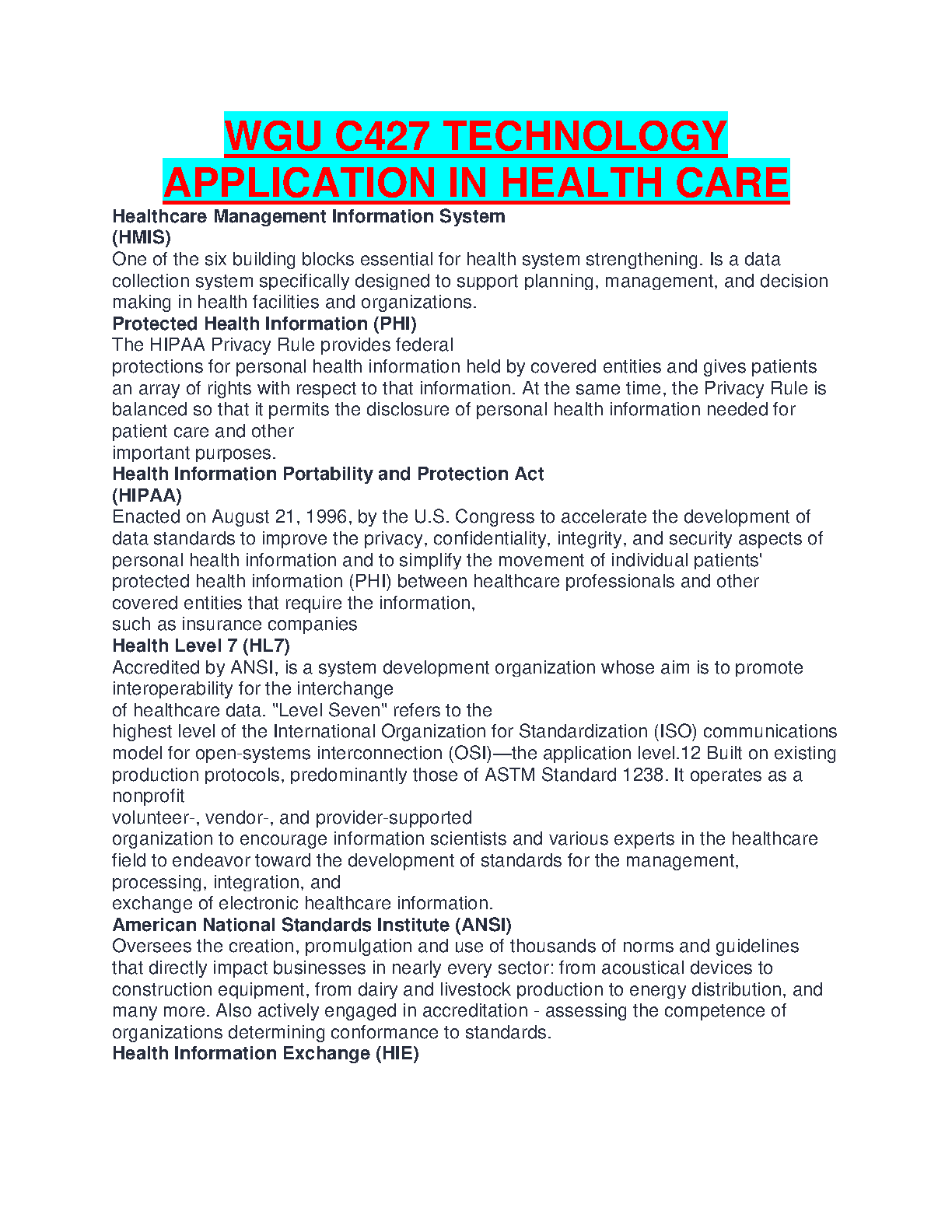 WGU C427 Healthcare Tech Study Guide and Revision Notes