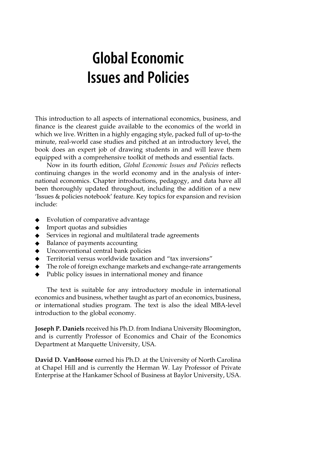 Global Economic Issues and Policies 4th Edition TEST BANK