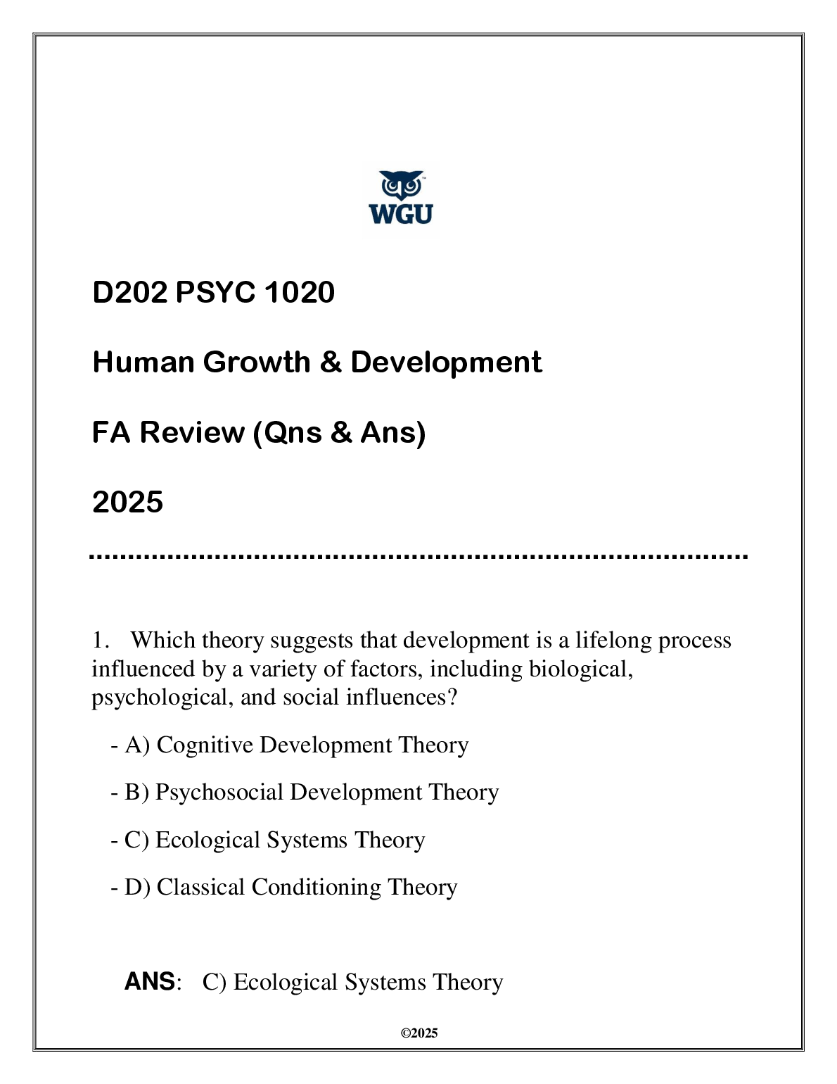 PSYC 1020 Human Growth Dev FA Test Bank WGU