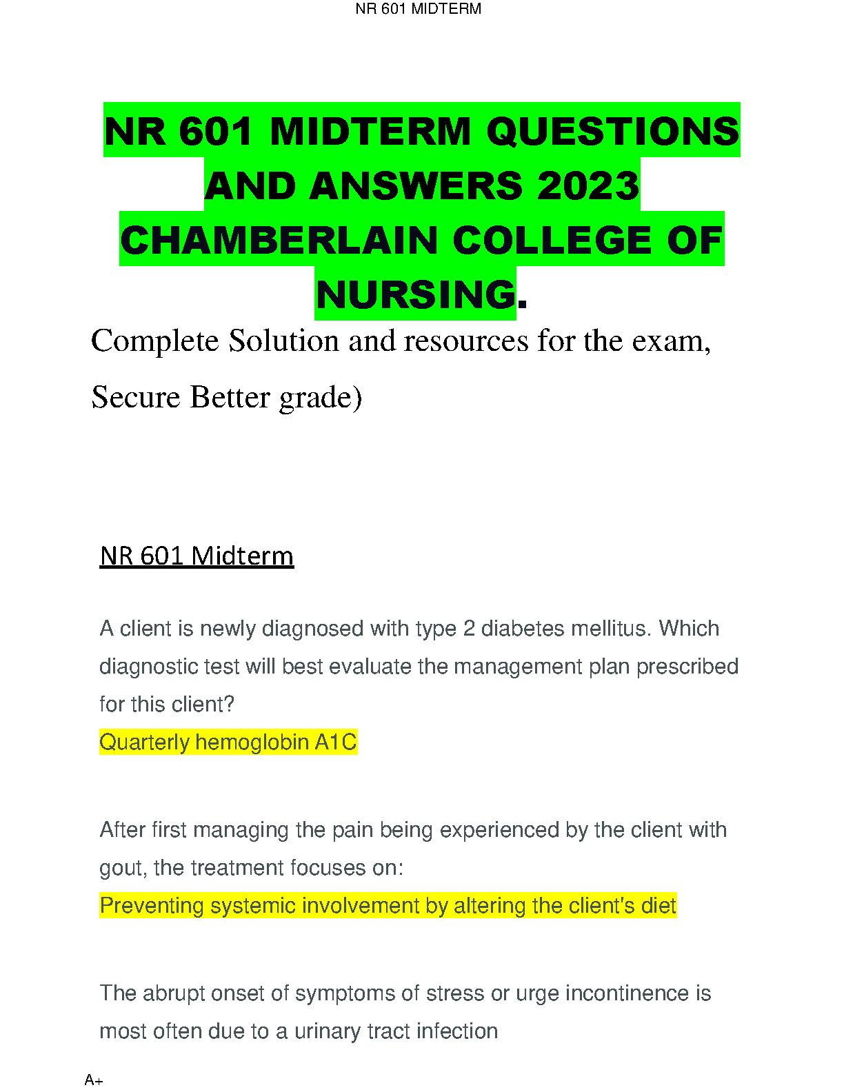 NR 601 Midterm Exam Answers Chamberlain Nursing 2023 IMG-1