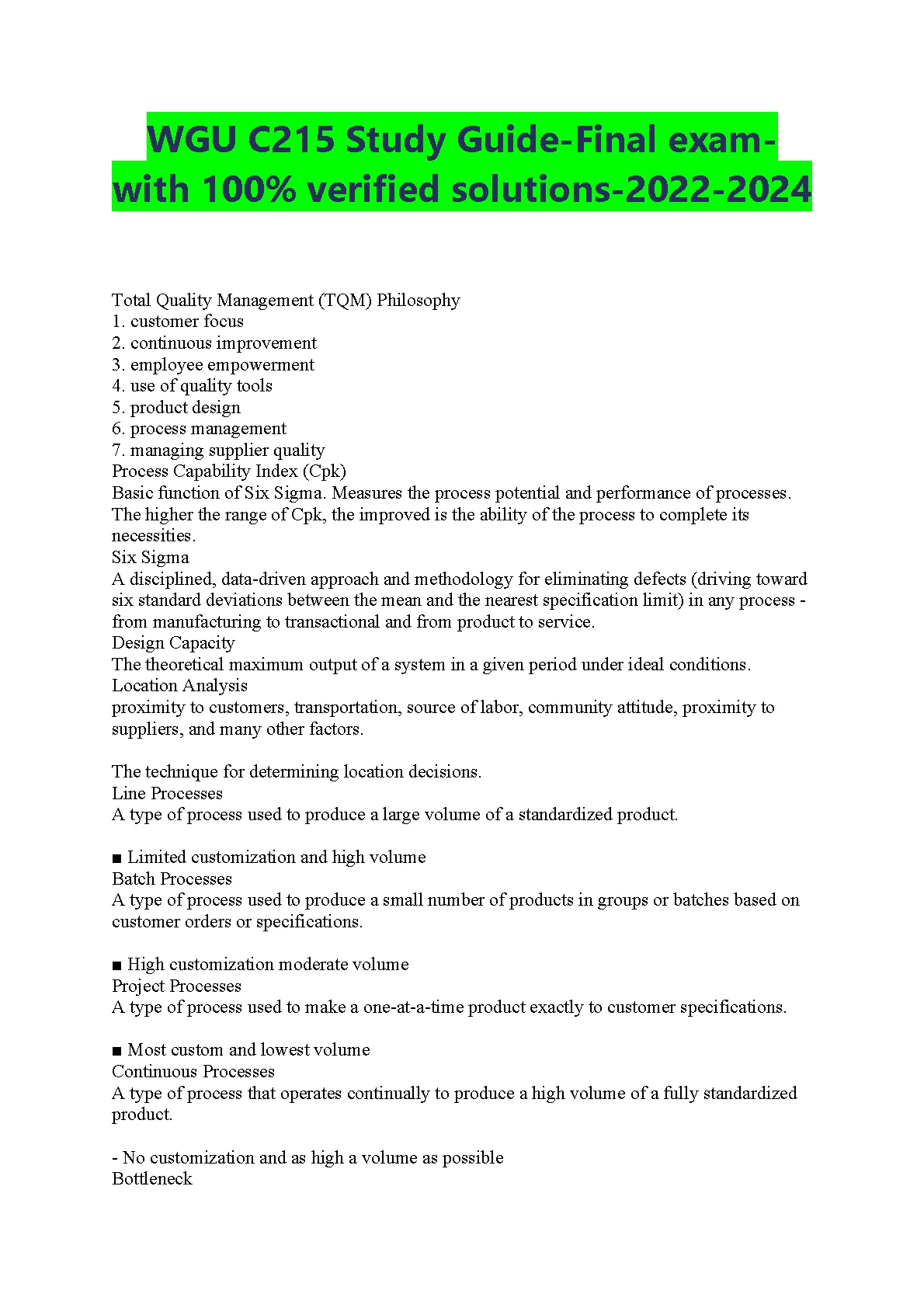 WGU C215 Final Exam Study Guide | TQM & Six Sigma IMG-1