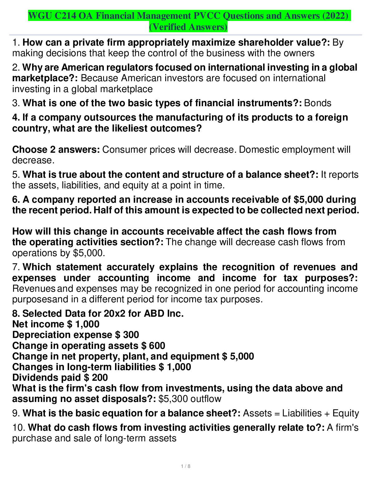 WGU C214 Financial Management Q&A 2022-2023 Verified