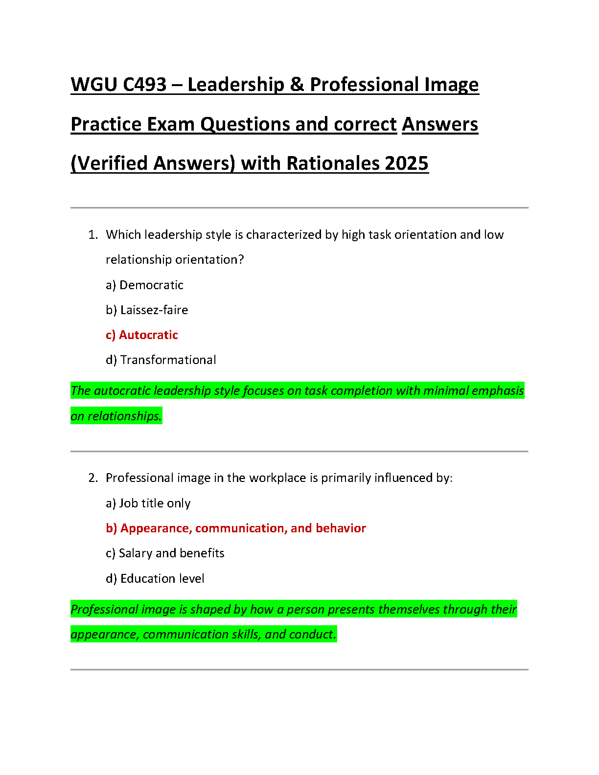 WGU C493 Leadership & Professional Image Practice Exam 2025