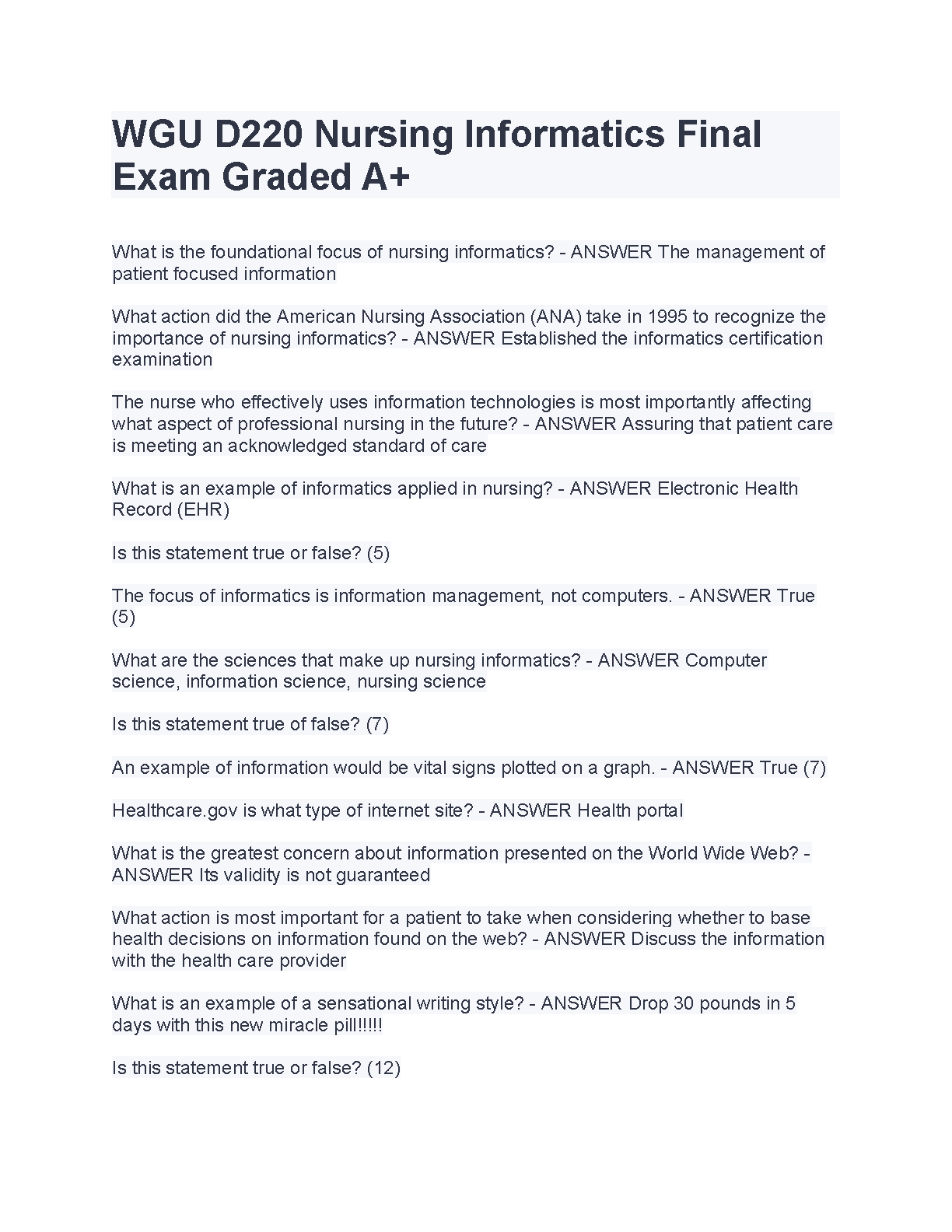 WGU D220 Nursing Informatics Final Exam Study Guide