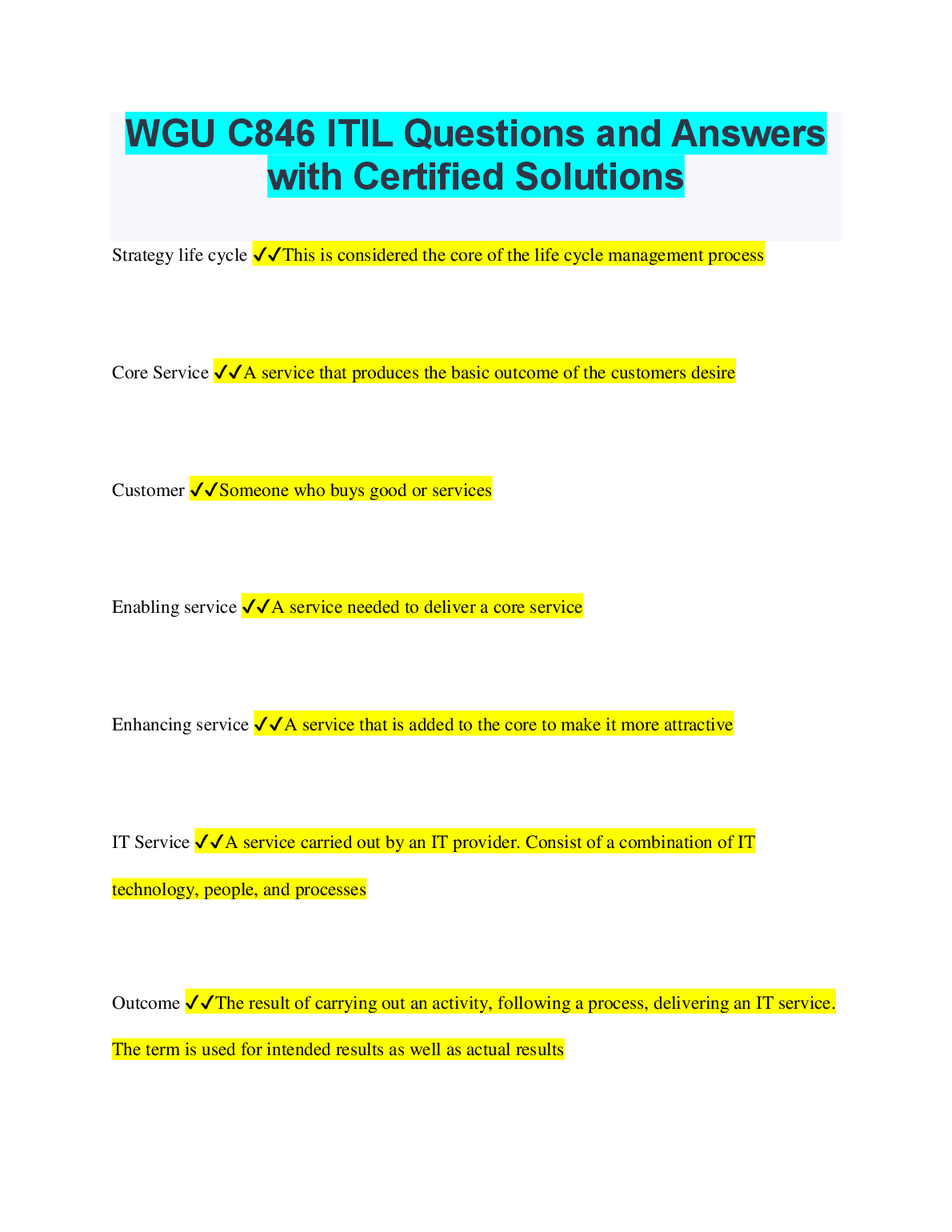 WGU C846 ITIL Exam Questions and Answer Key 2023 Edition