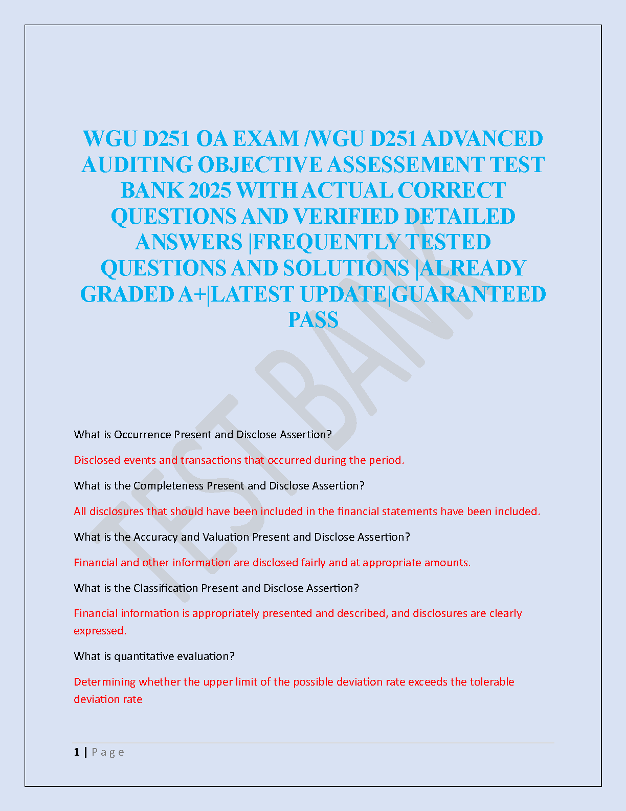 WGU D251 Advanced Auditing OA Test Bank 2026
