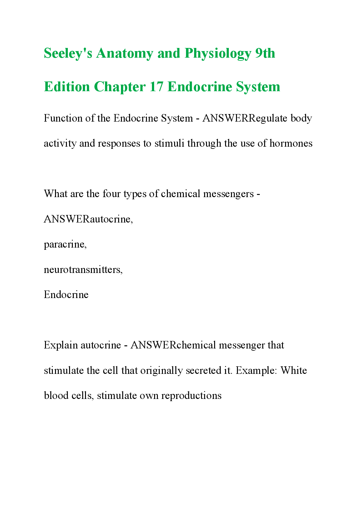 Endocrine System A&P Ch 17 Study Guide 2026/2027 Seeley 9th Ed