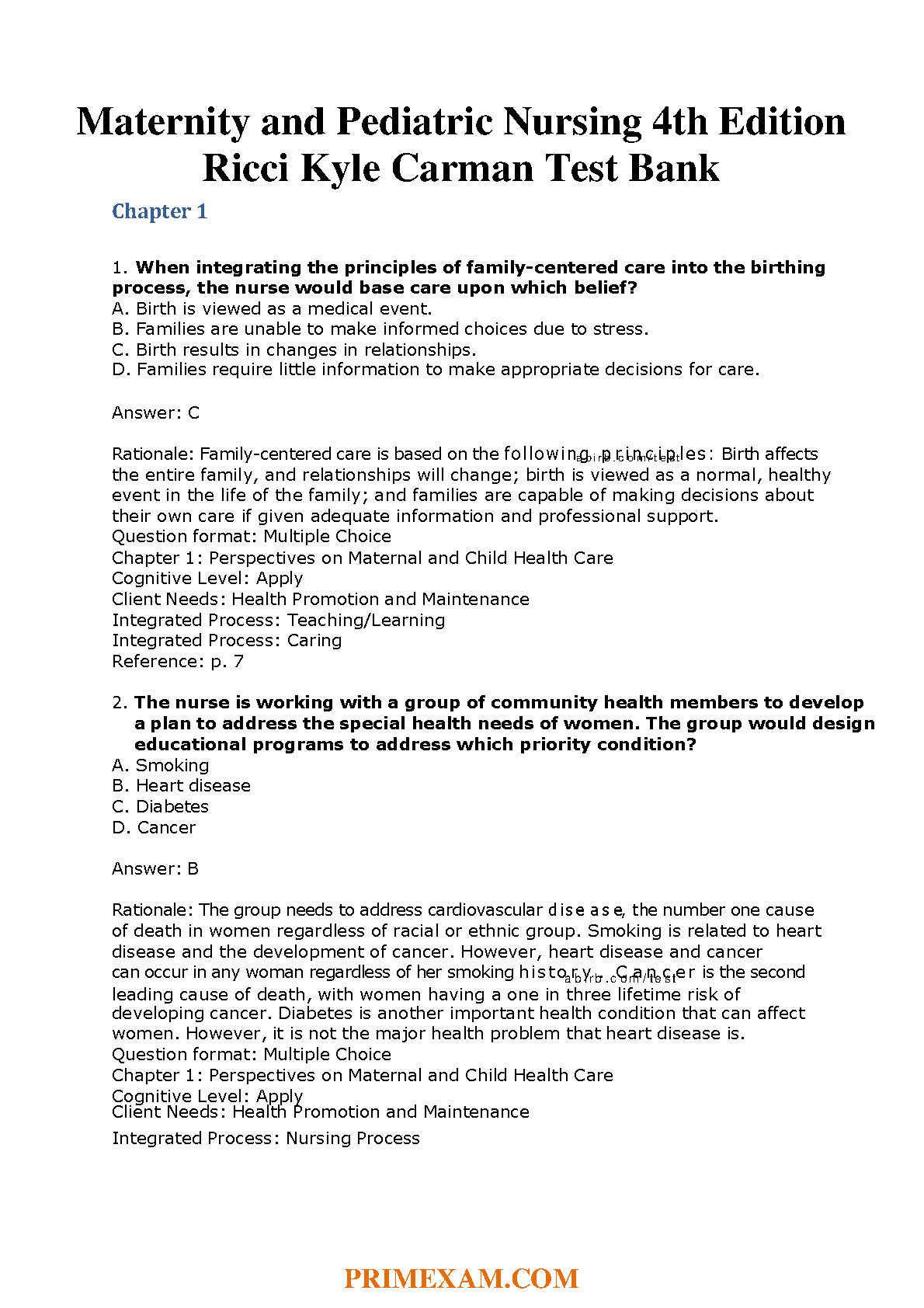 Maternity & Pediatric Nursing Test Bank 4e Ricci Kyle Carman