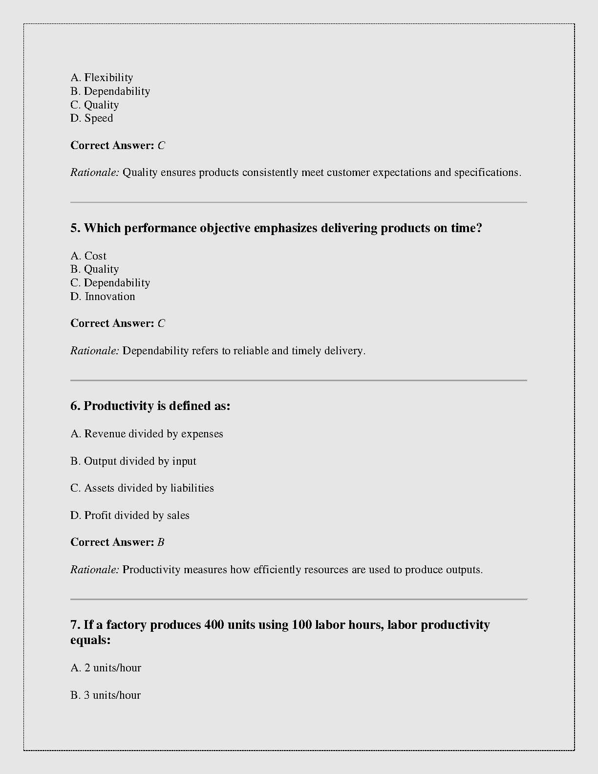 Operations Management Test Bank: Inputs, Quality & Forecasting