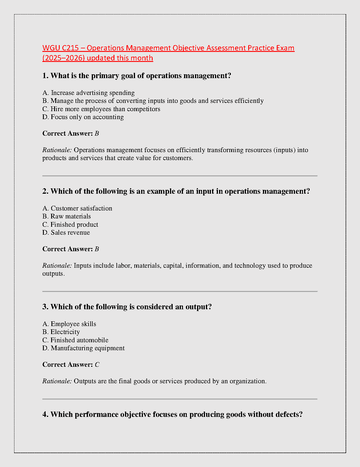 Operations Management Test Bank: Inputs, Quality & Forecasting