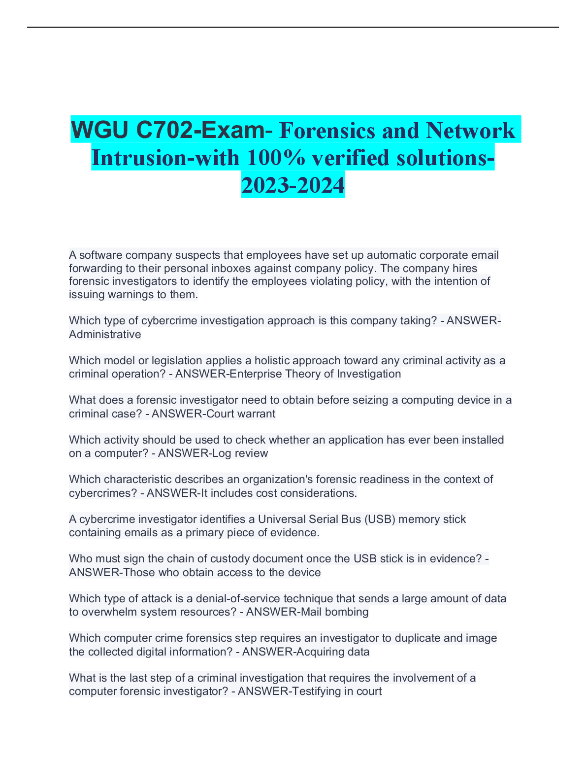 WGU C702 Forensics Exam Guide 2024 Verified Solutions
