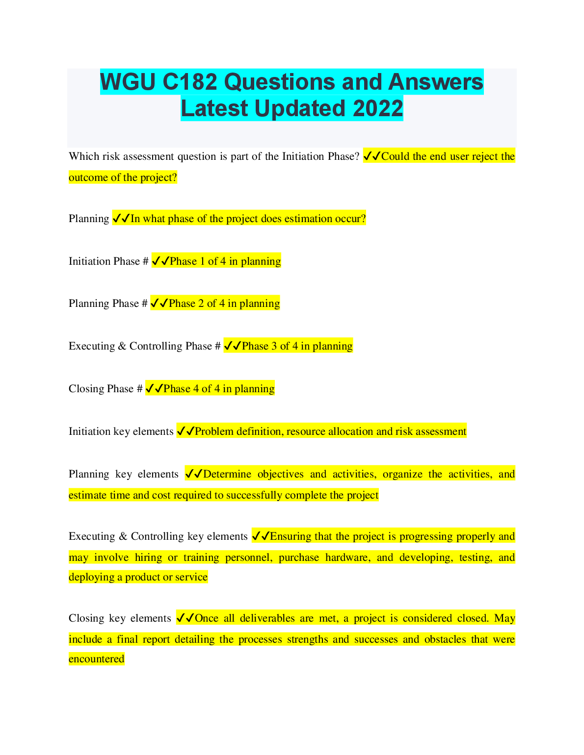 WGU C182 Exam Prep Q&A | IT Project Phases & Risk Assessment