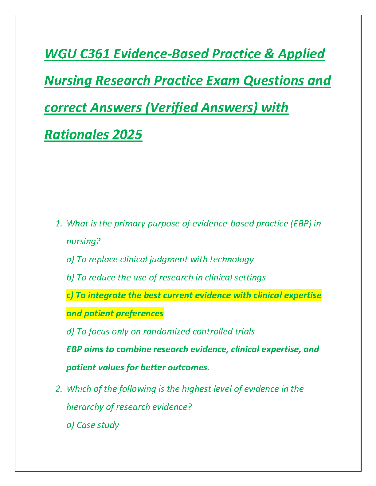 WGU C361 EBP Exam Questions and Answers 2025 Study Guide