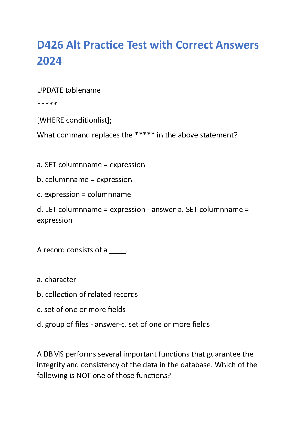 WGU D426 Data Management Practice Test Bank 2025/2026 Answers