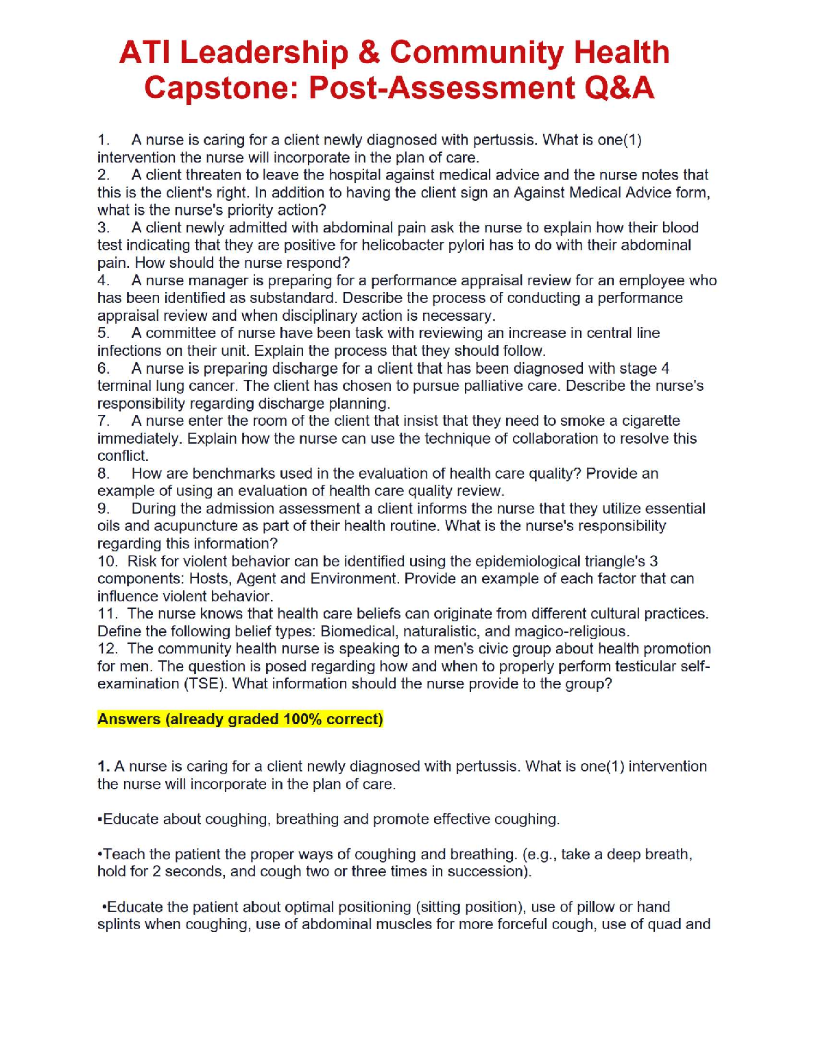 ATI Leadership and Community Health Capstone Test Bank 2026/27
