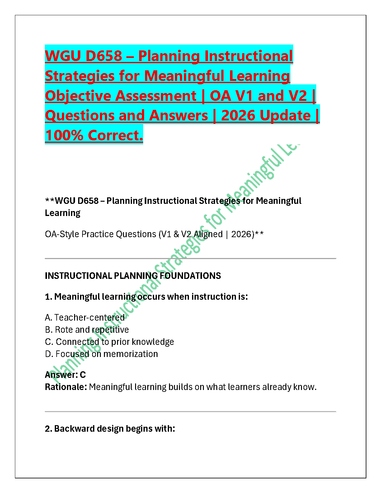 WGU D658 Test Bank: Instructional Strategies Verified Answers 2025
