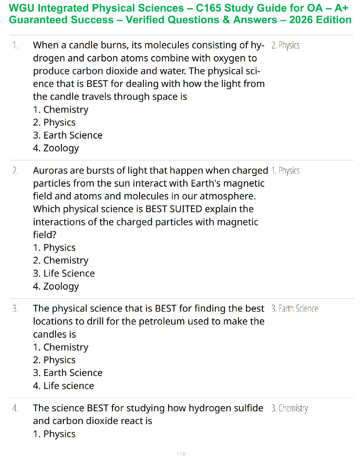 WGU C165 Physical Sciences OA Study Guide