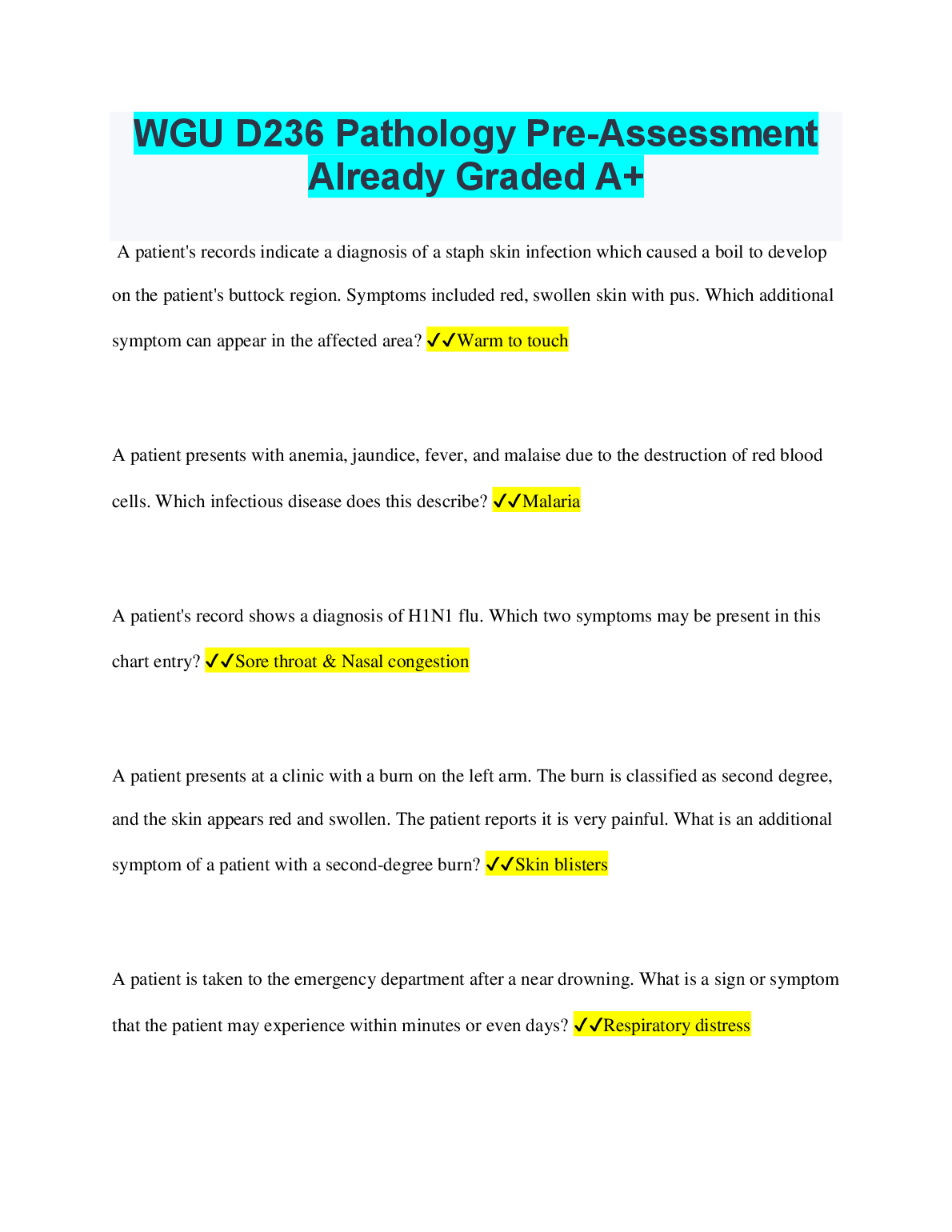 WGU D236 Pathology Pre-Assessment Answer Key
