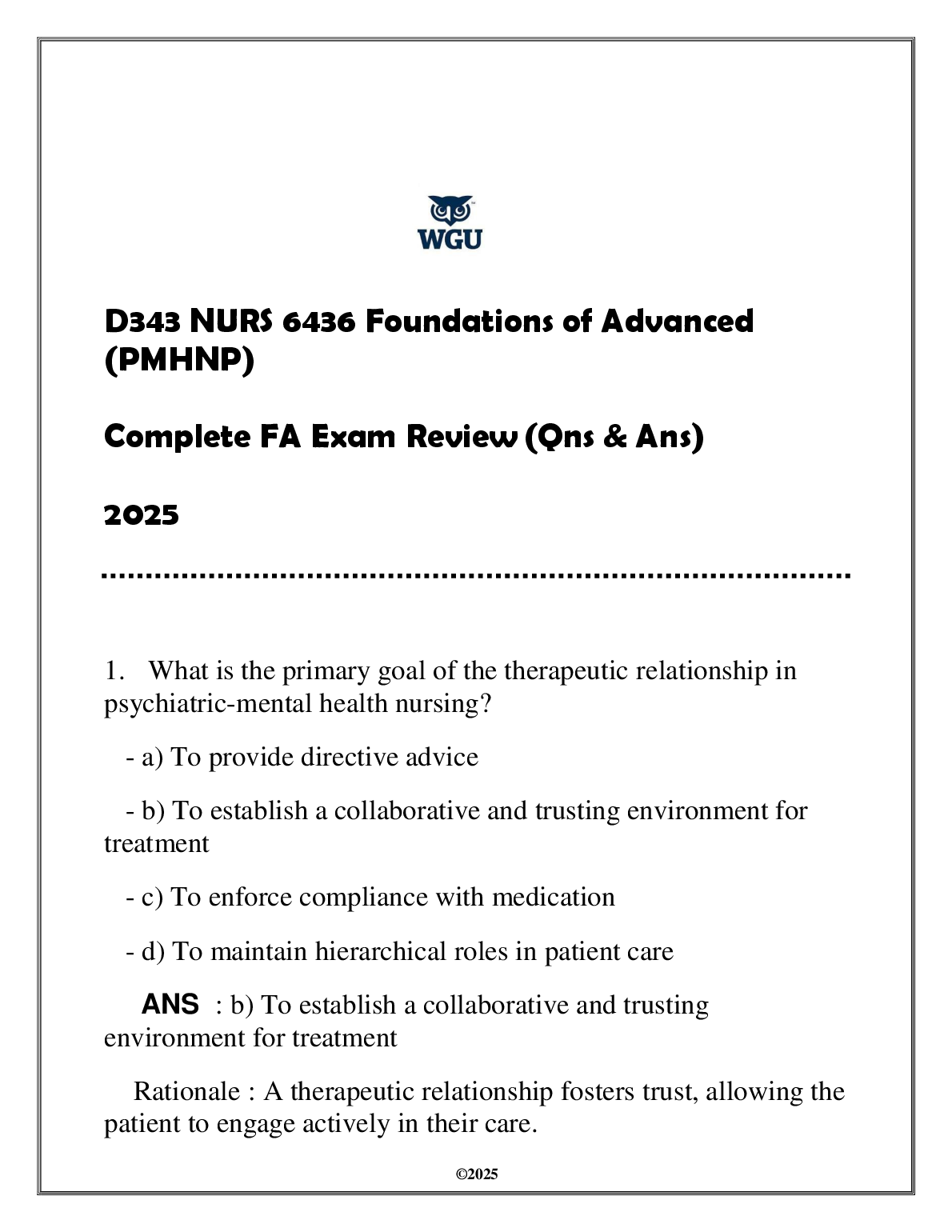 WGU NURS 6436 PMHNP FA Exam Review 2025 Questions Answers