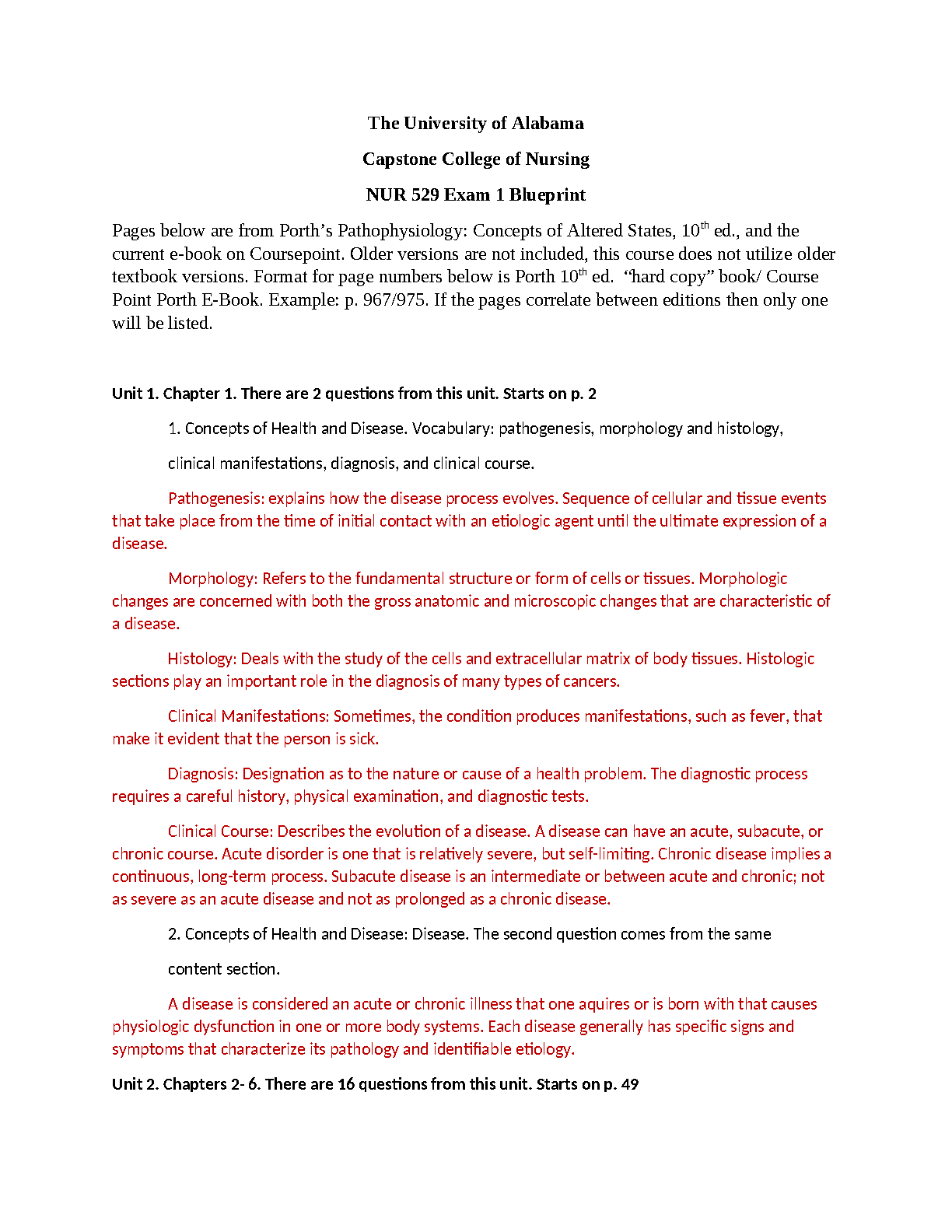 NUR 529 Porth Pathophysiology Exam Blueprint 2026/27