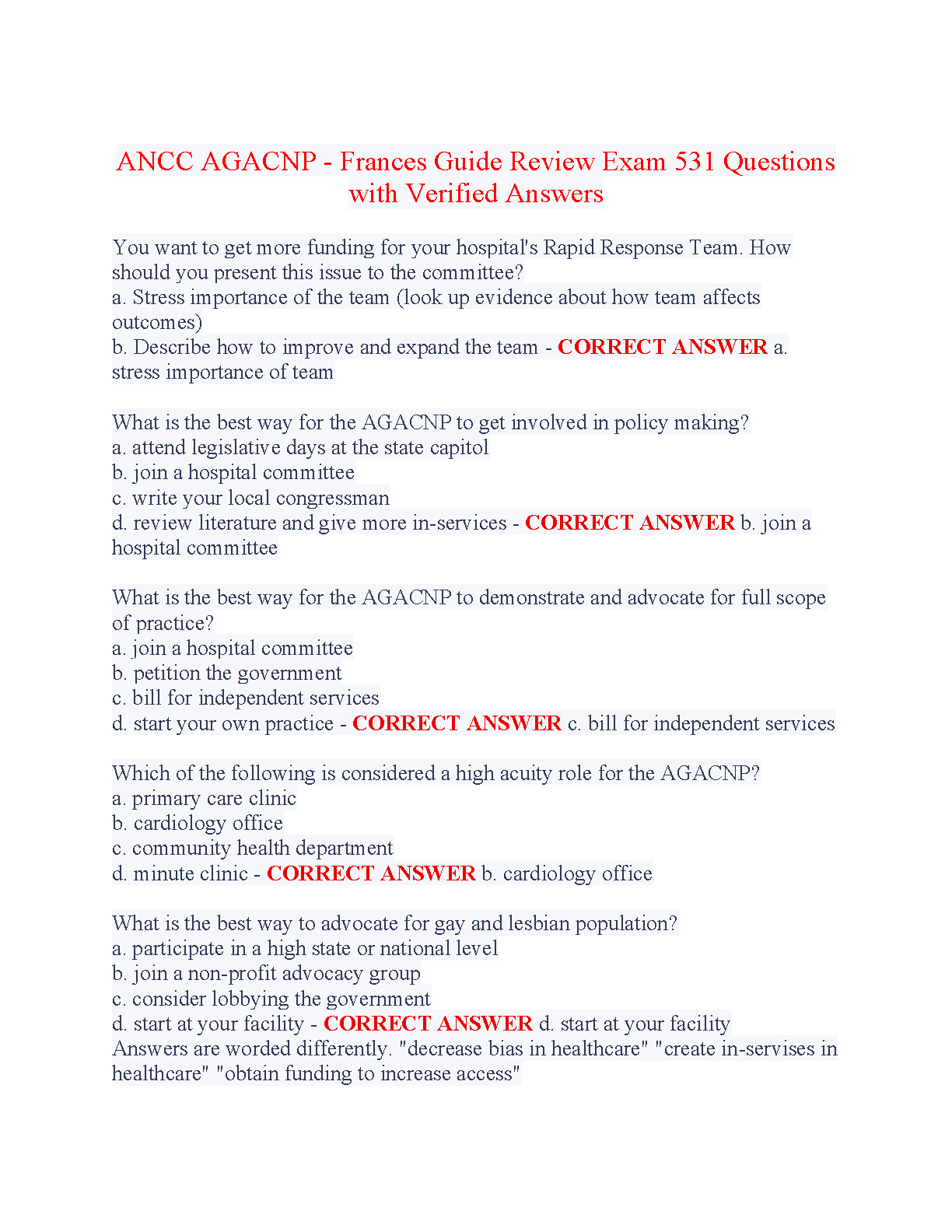 ANCC AGACNP Exam Test Bank 2026/27 Frances Meed Practice Qs