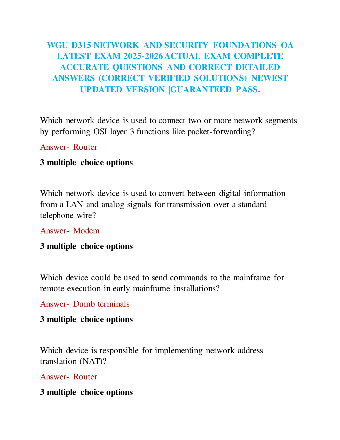 WGU D315 OA Test Bank | Network & Security Foundations 2025
