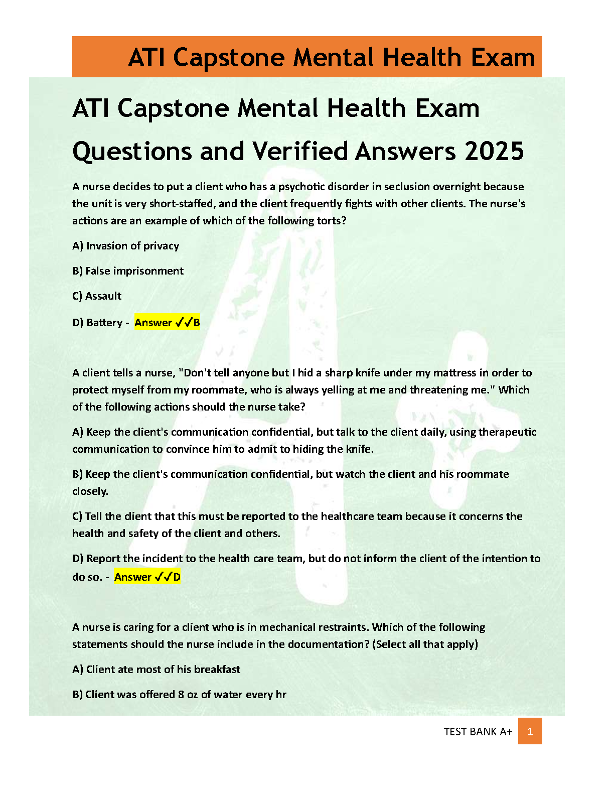 ATI Mental Health Test Bank 2026/27 | Questions and Answers