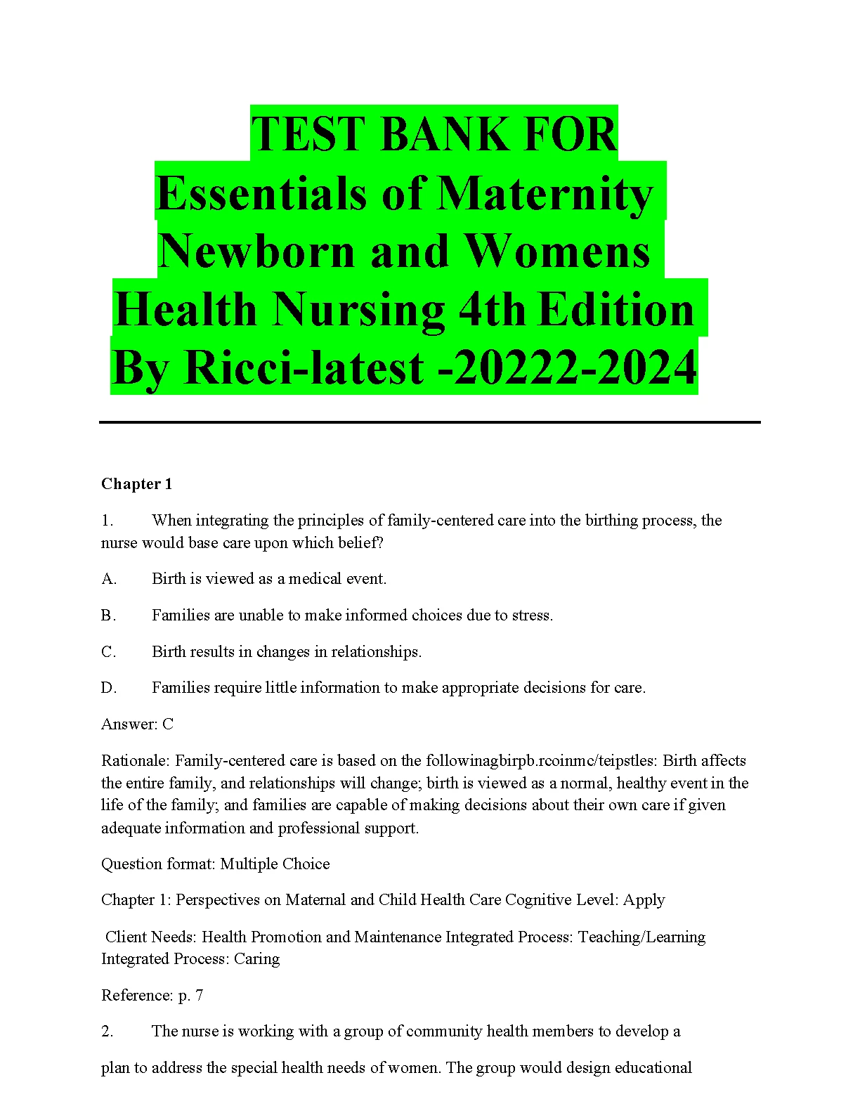 Ricci Essentials of Maternity Nursing 4e Test Bank 2026/27