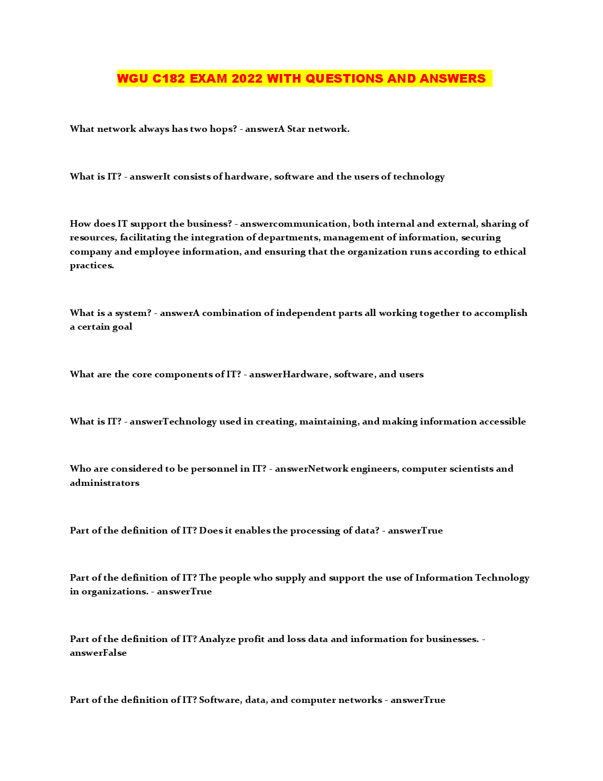 WGU C182 IT Exam Questions and Answers 2022/2023