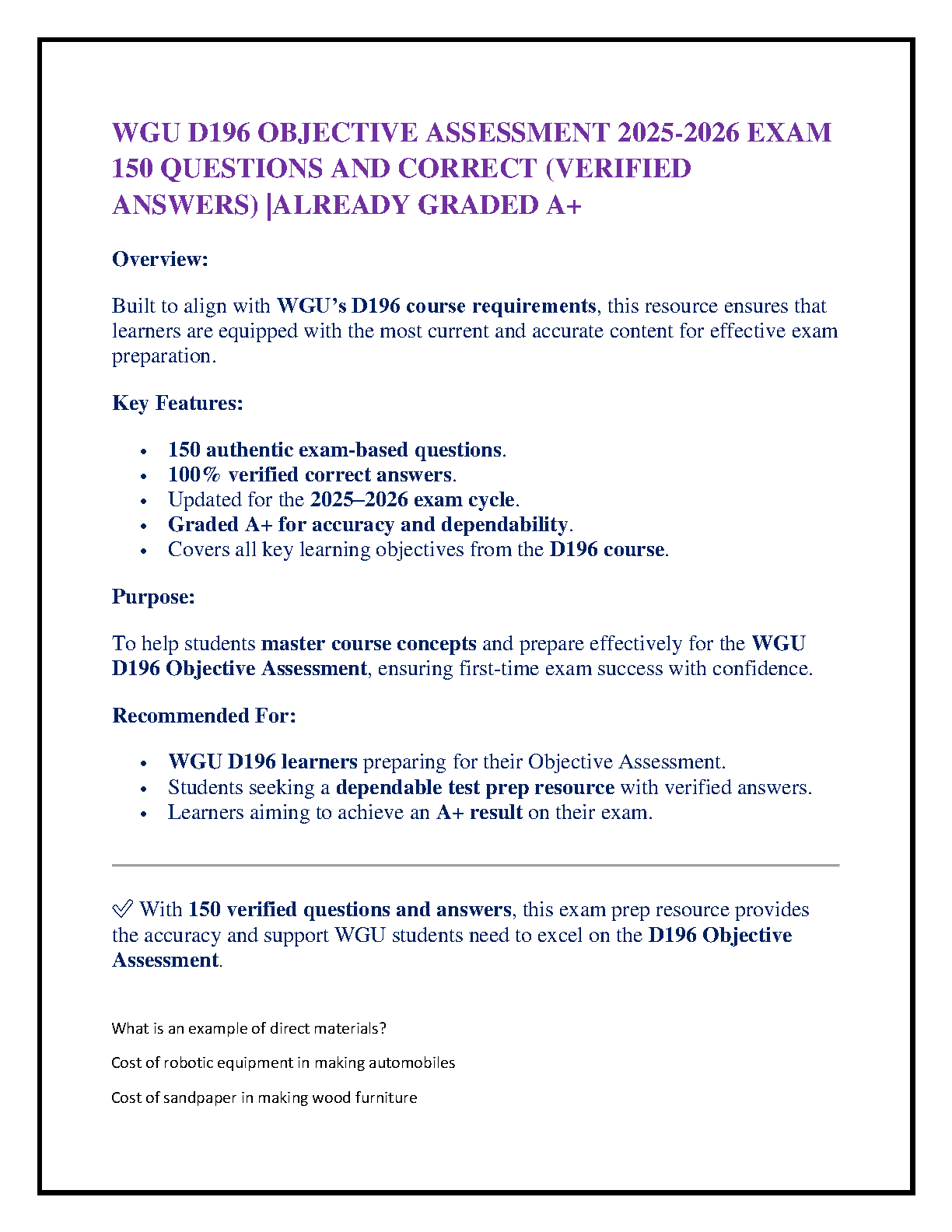 WGU D196 Test Bank 2025-2026 | 150 Verified Q&A