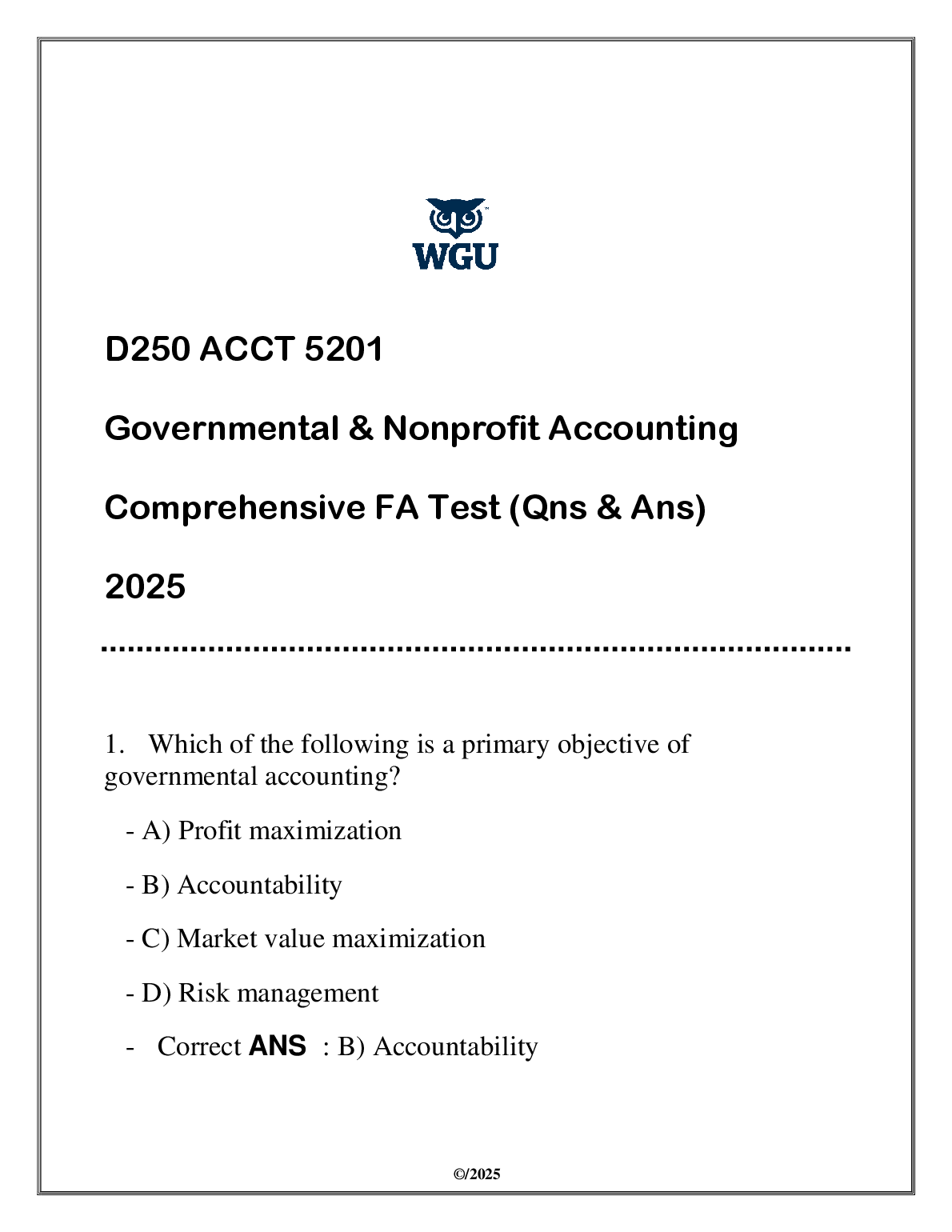 WGU ACCT 5201 Govt & Nonprofit Accting Test Bank 2025