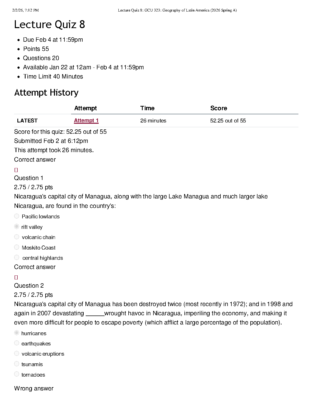 GCU 323 Geography of Latin America Quiz 8 Answers 2026