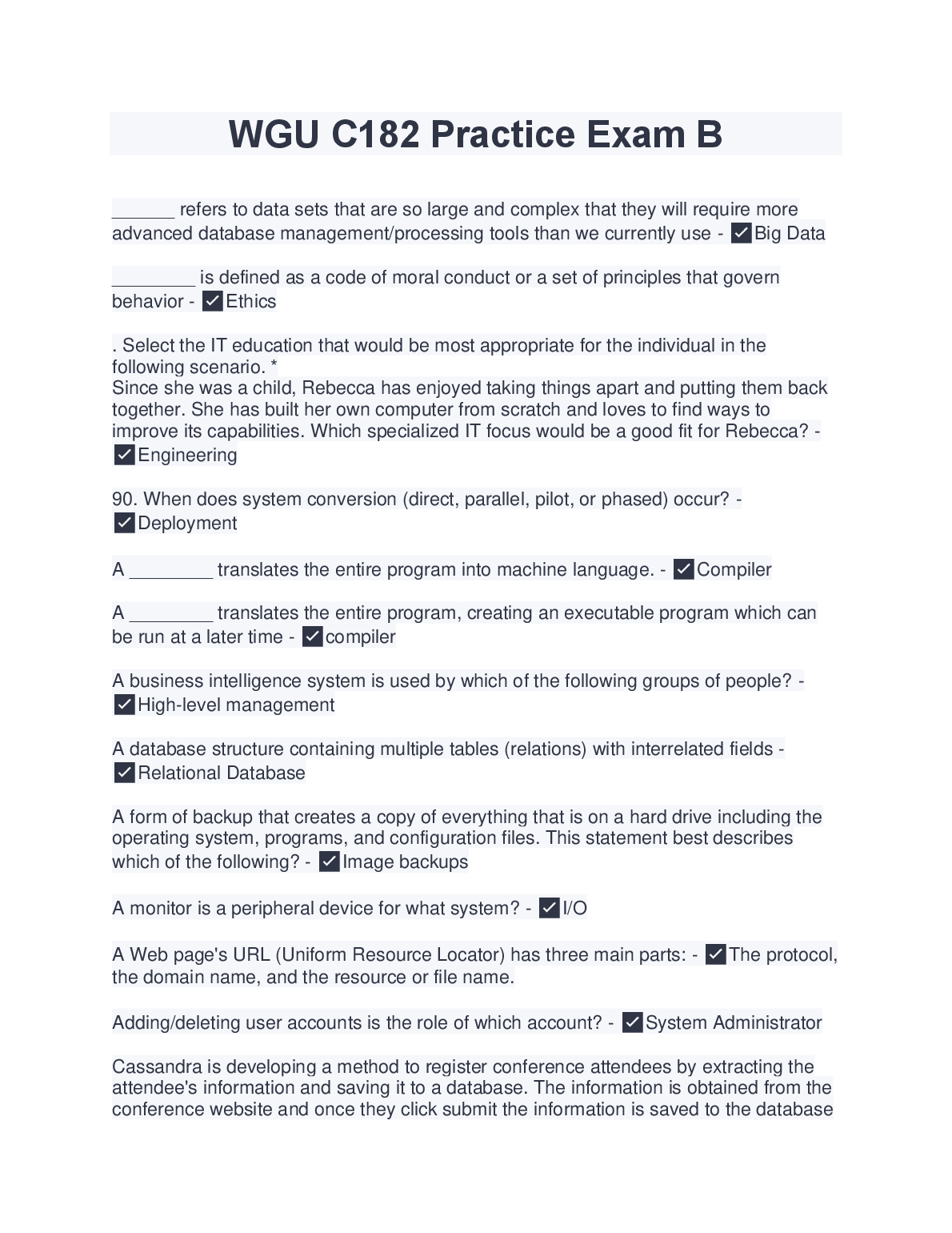 WGU C182 Practice Exam B Answers IT Fundamentals 2023
