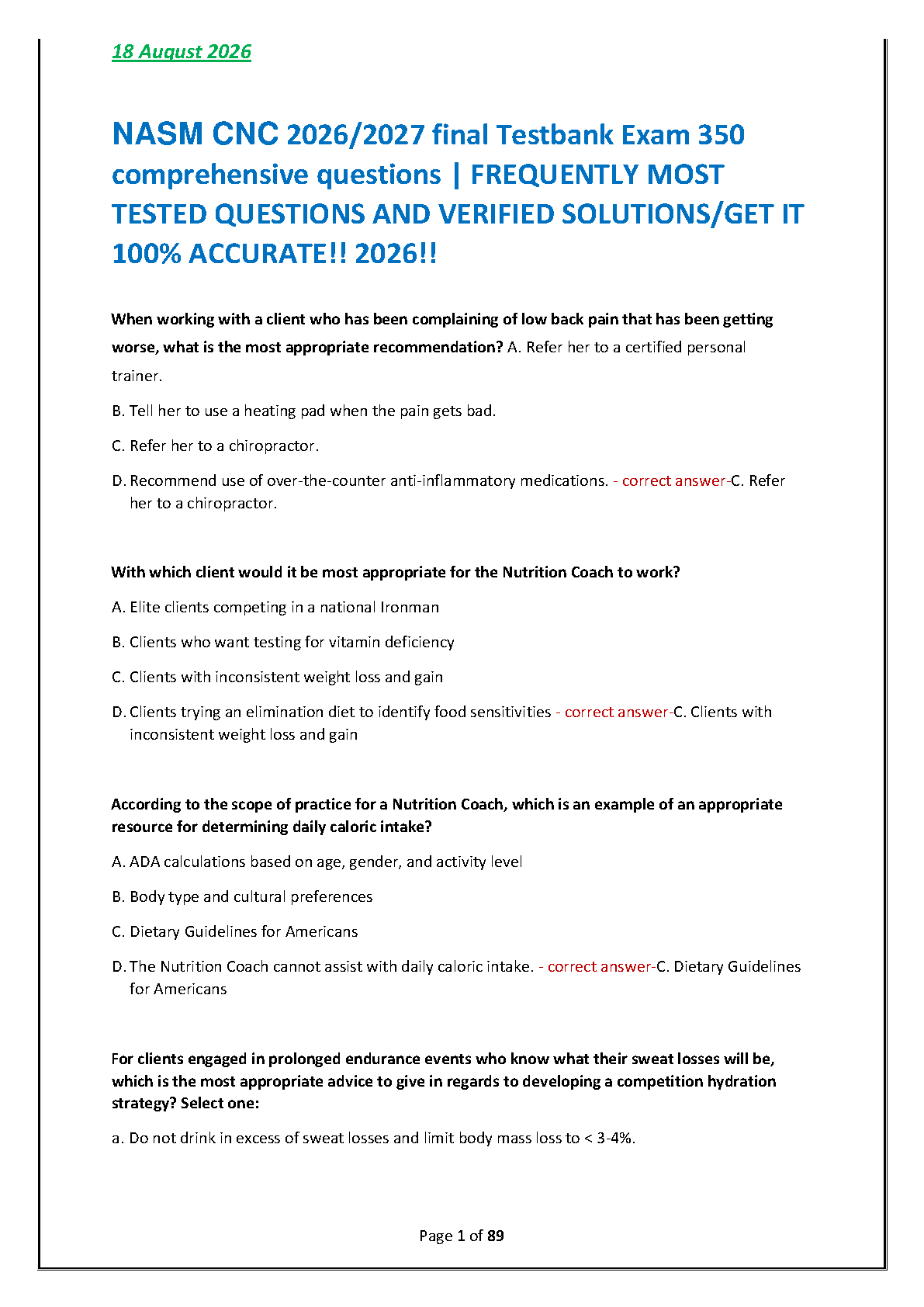 NASM Certified Nutrition Coach Exam Questions 2026-27