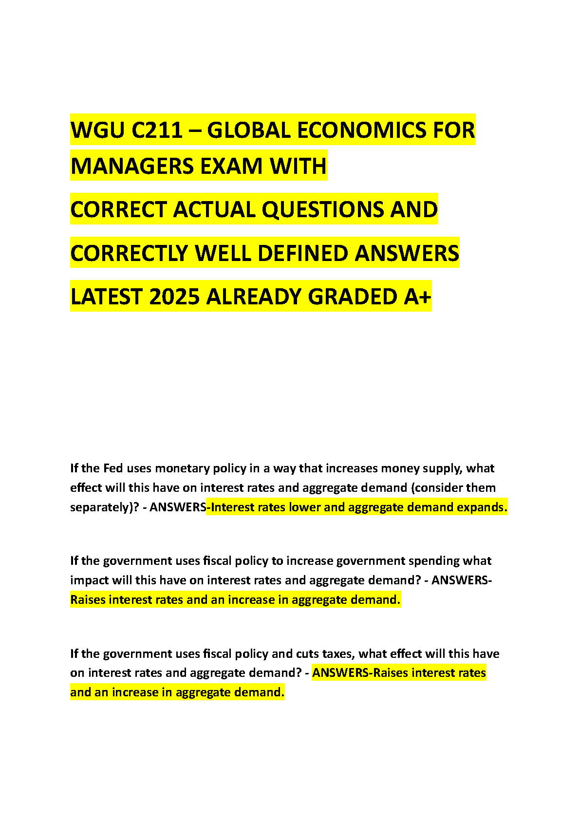 WGU C211 Global Economics Test Bank 2025