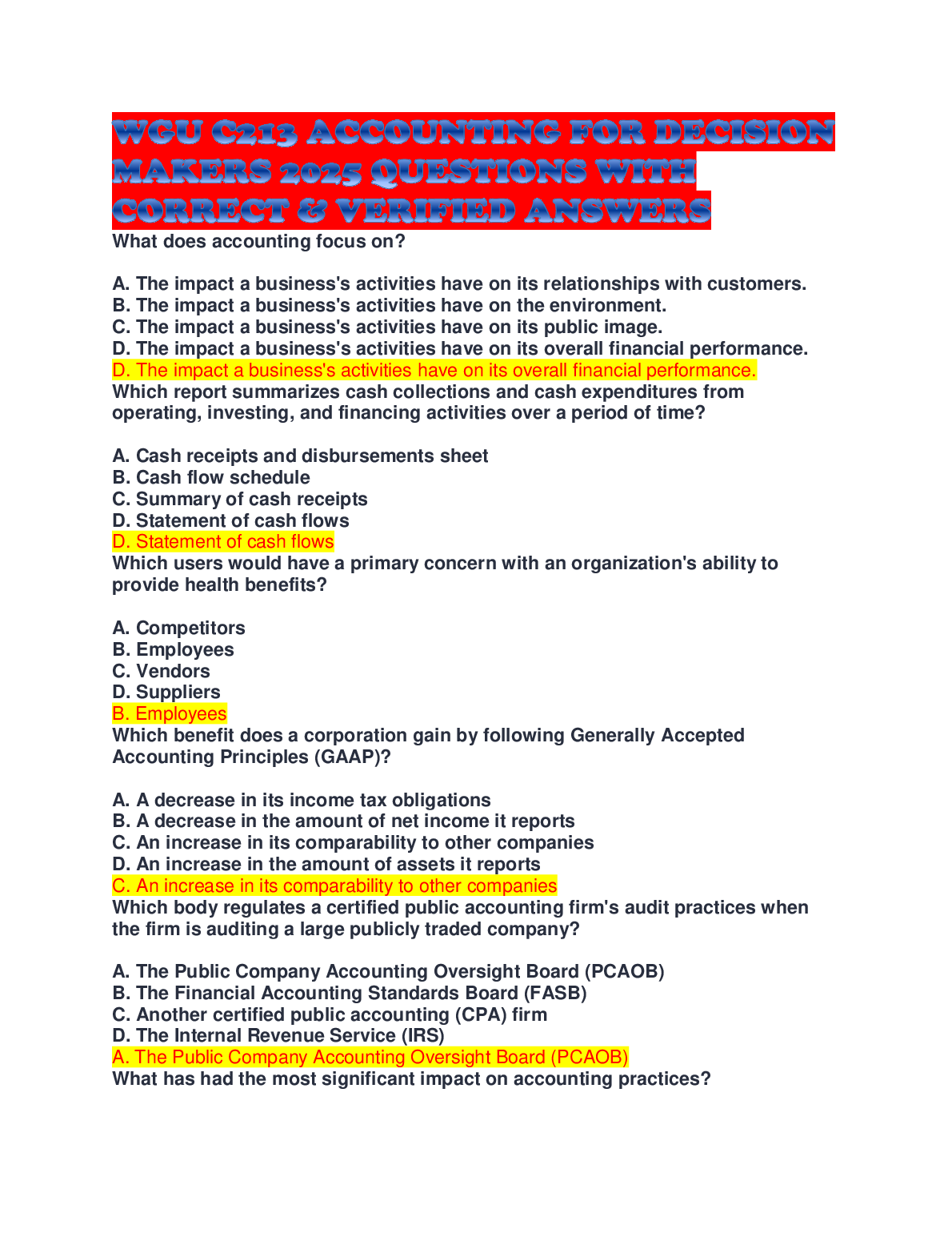 WGU C213 Accounting Test Bank 2025 Verified Q&A
