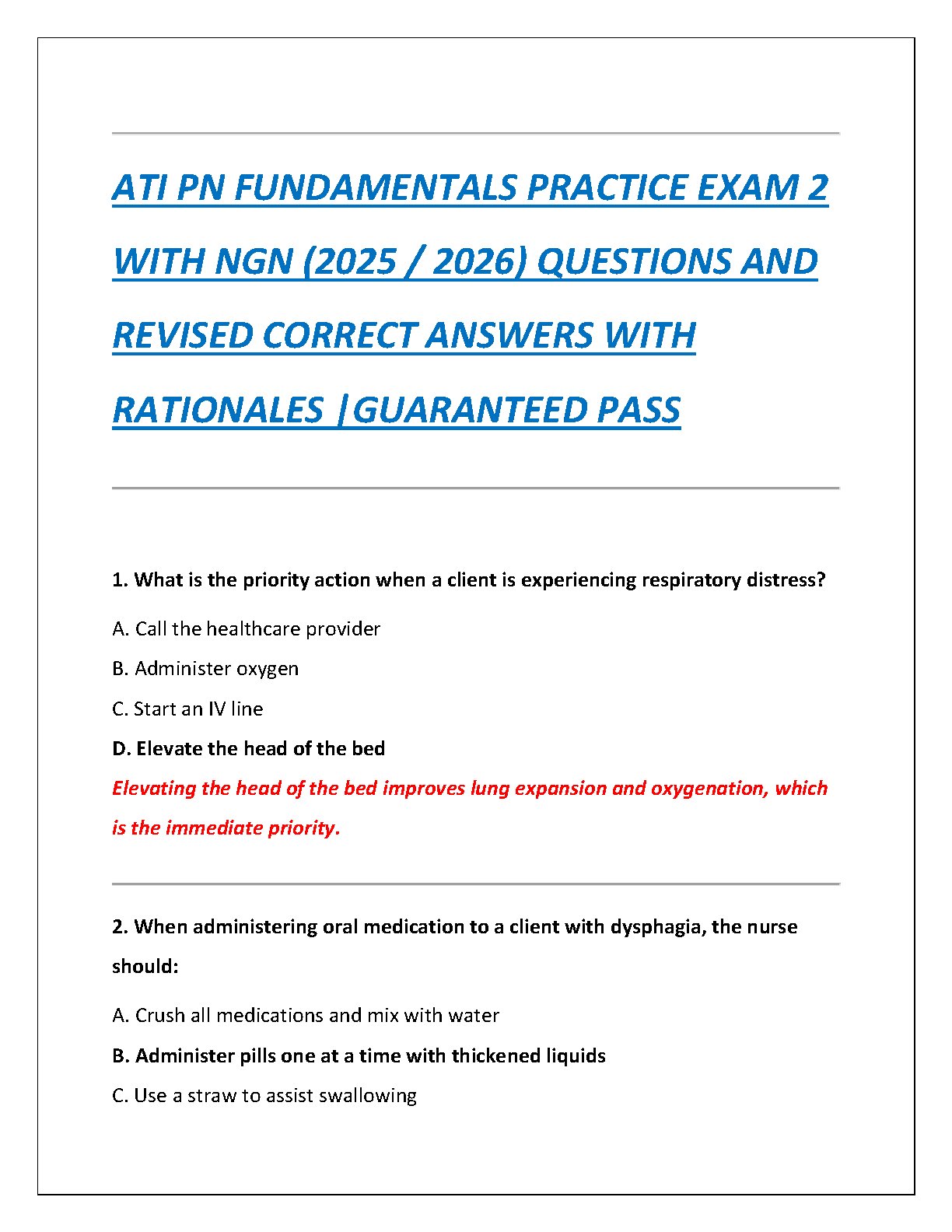 ATI PN Fundamentals Practice Exam 2 2026 with NGN Qs